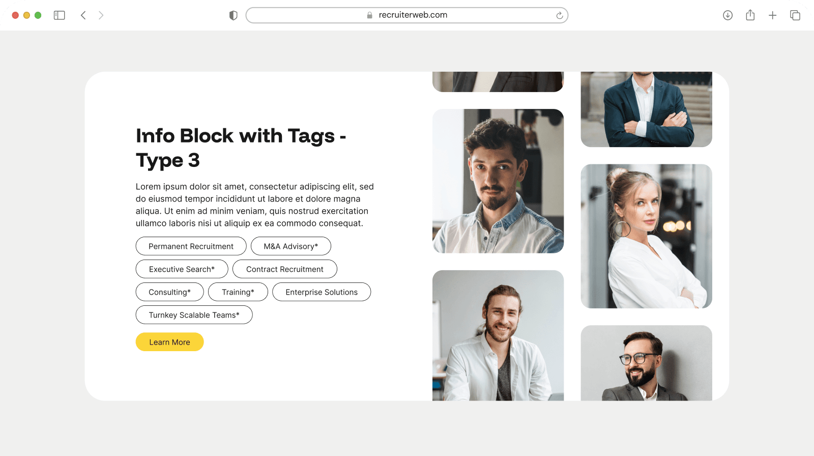 "Info Block with Tags - Type 3" widget example: recruitment service tags beside a portrait photo