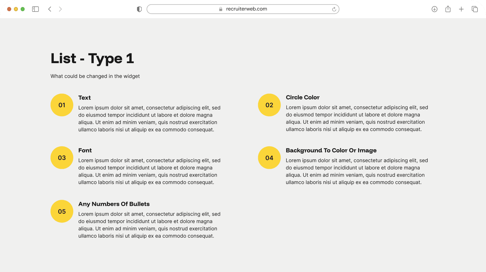 "List - Type 1" widget example: two-column list with circular gradient icons