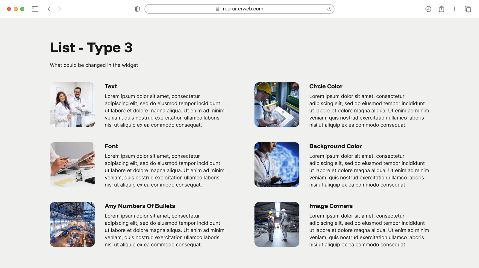"List - Type 3" widget example: six-item grid pairing small photos with list text