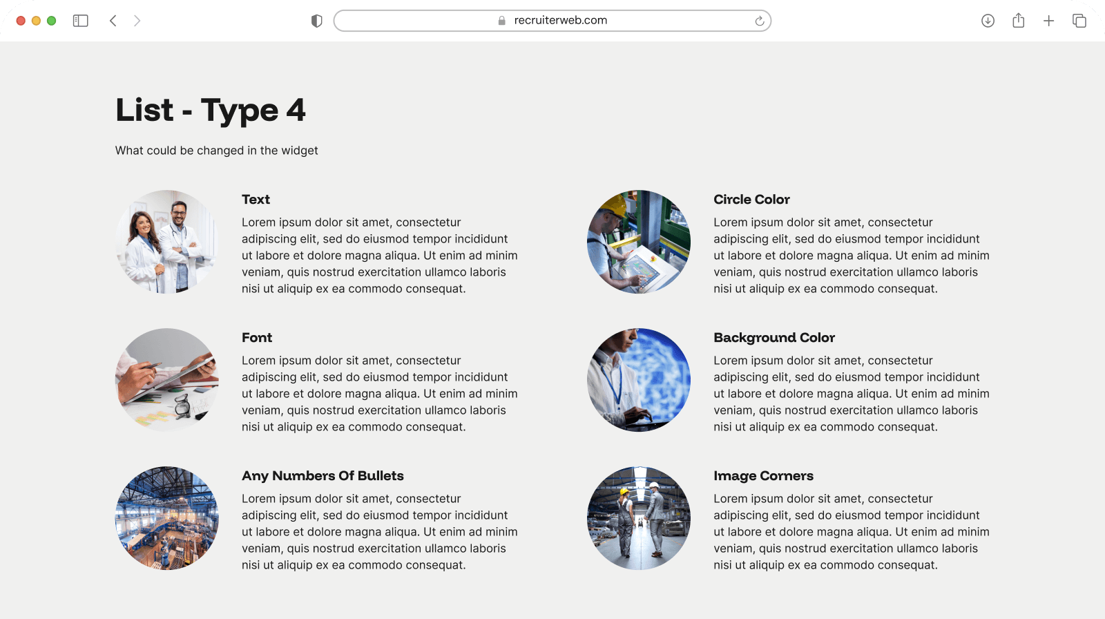 "List - Type 4" widget example: six-item grid pairing circular photos with list text