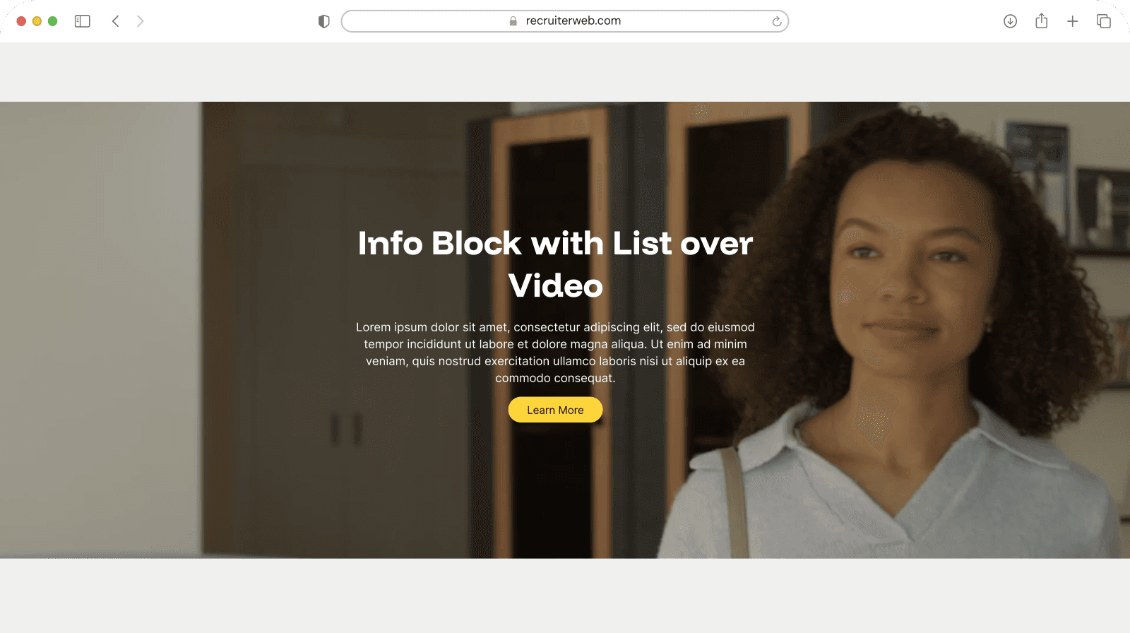 "Info Block with List over Video" widget example: centered heading and button over a photo