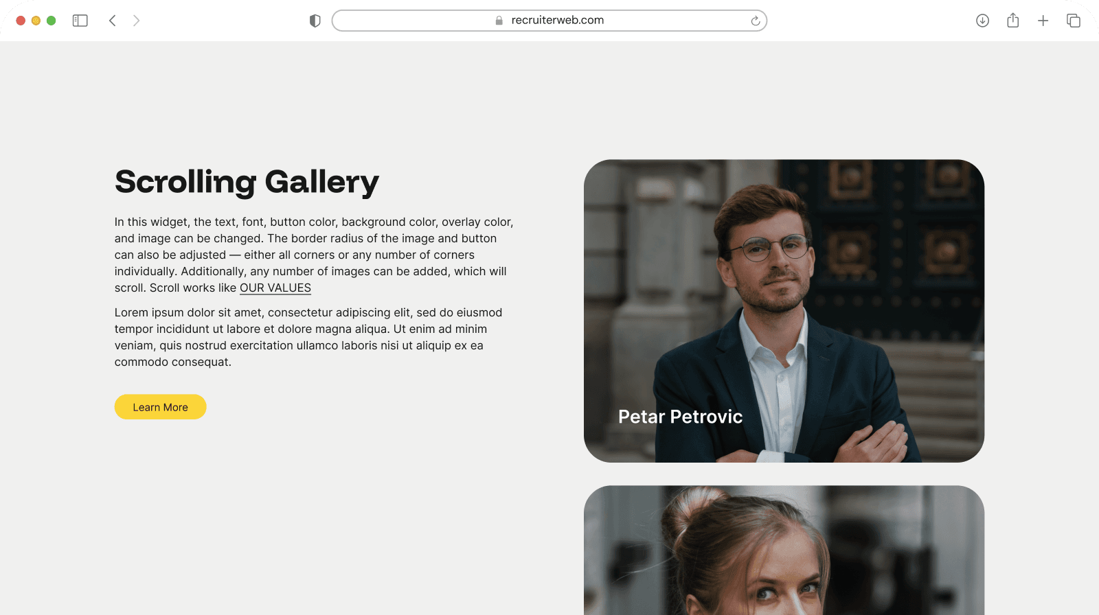 "Scrolling Gallery" widget example: text panel beside a vertically scrolling photo gallery