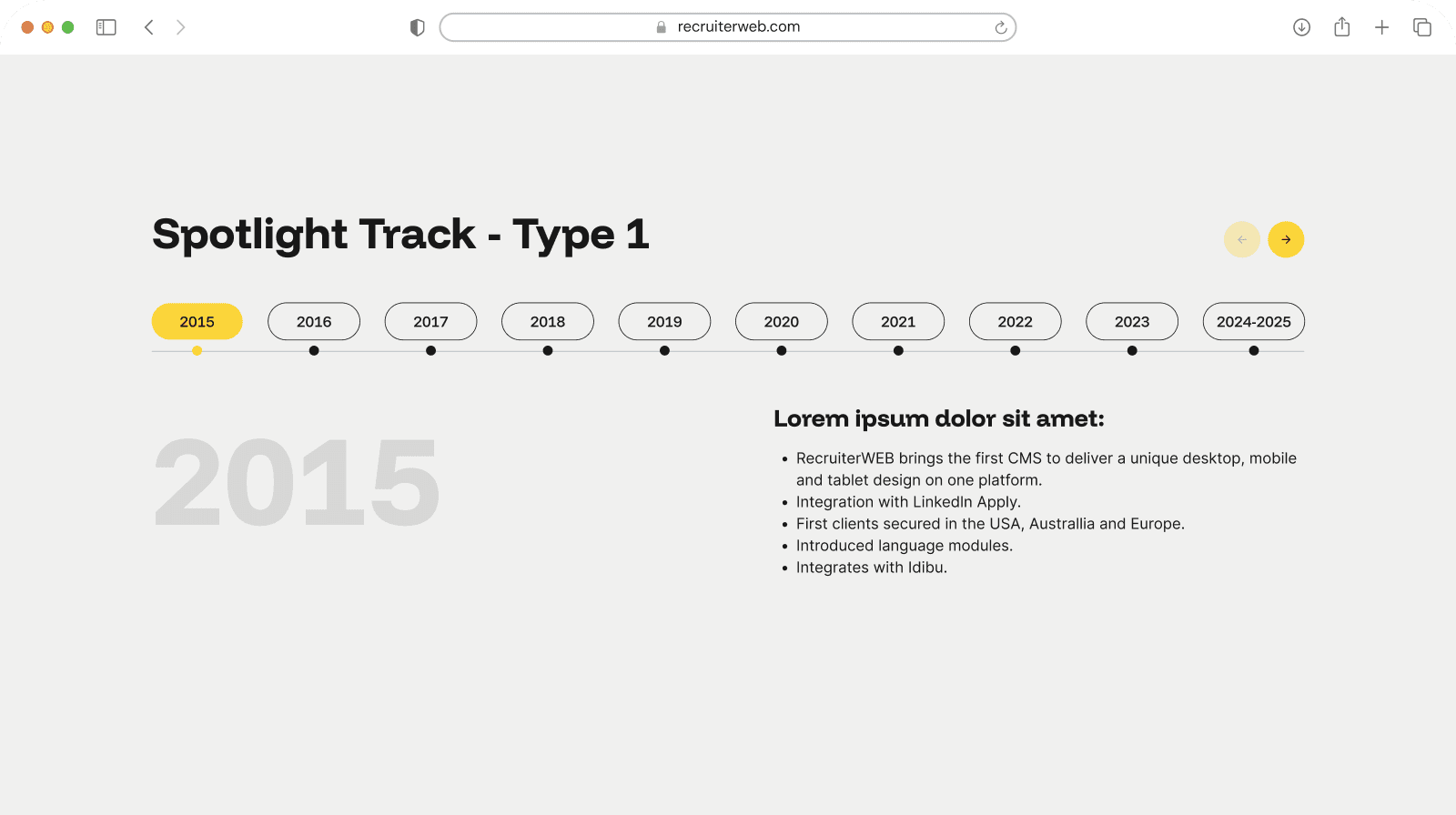 "Spotlight Track - Type 1" widget example: year tab timeline with bullet list