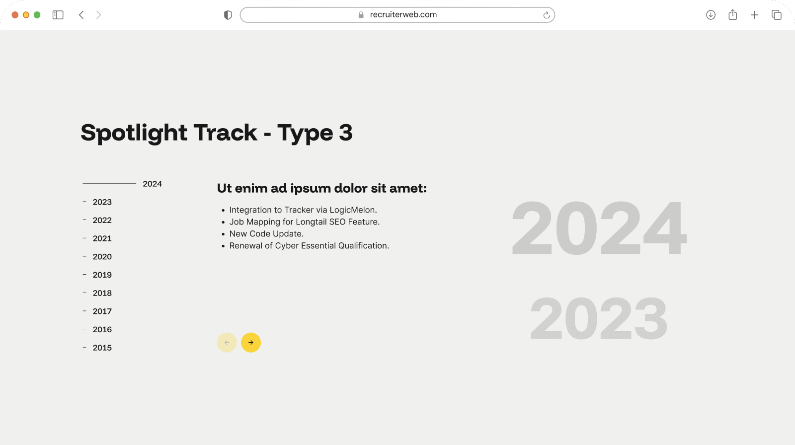 "Spotlight Track - Type 3" widget example: vertical year list timeline with large background year numerals
