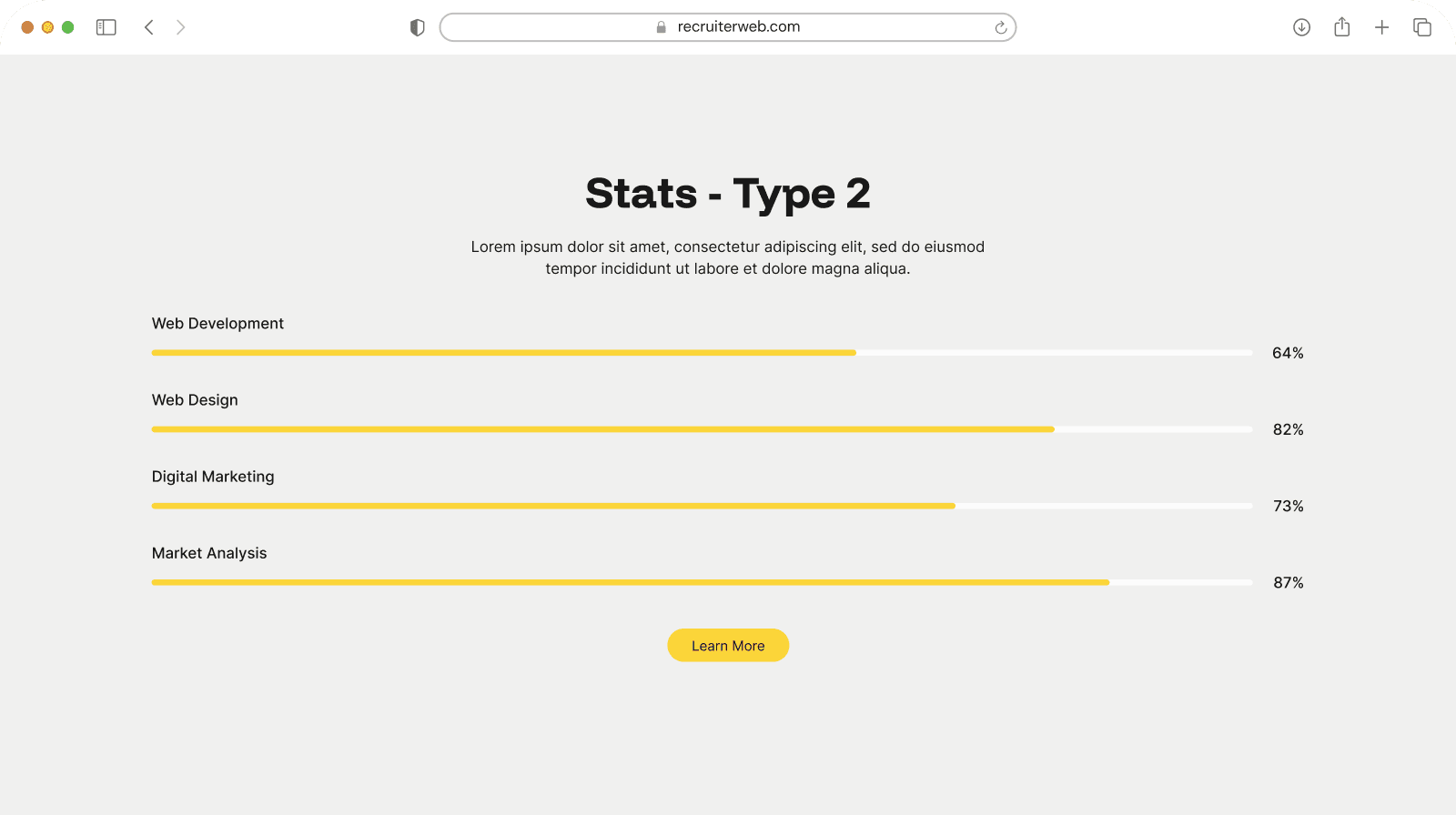 "Stats - Type 2" widget example: centered labeled progress bars with percentages