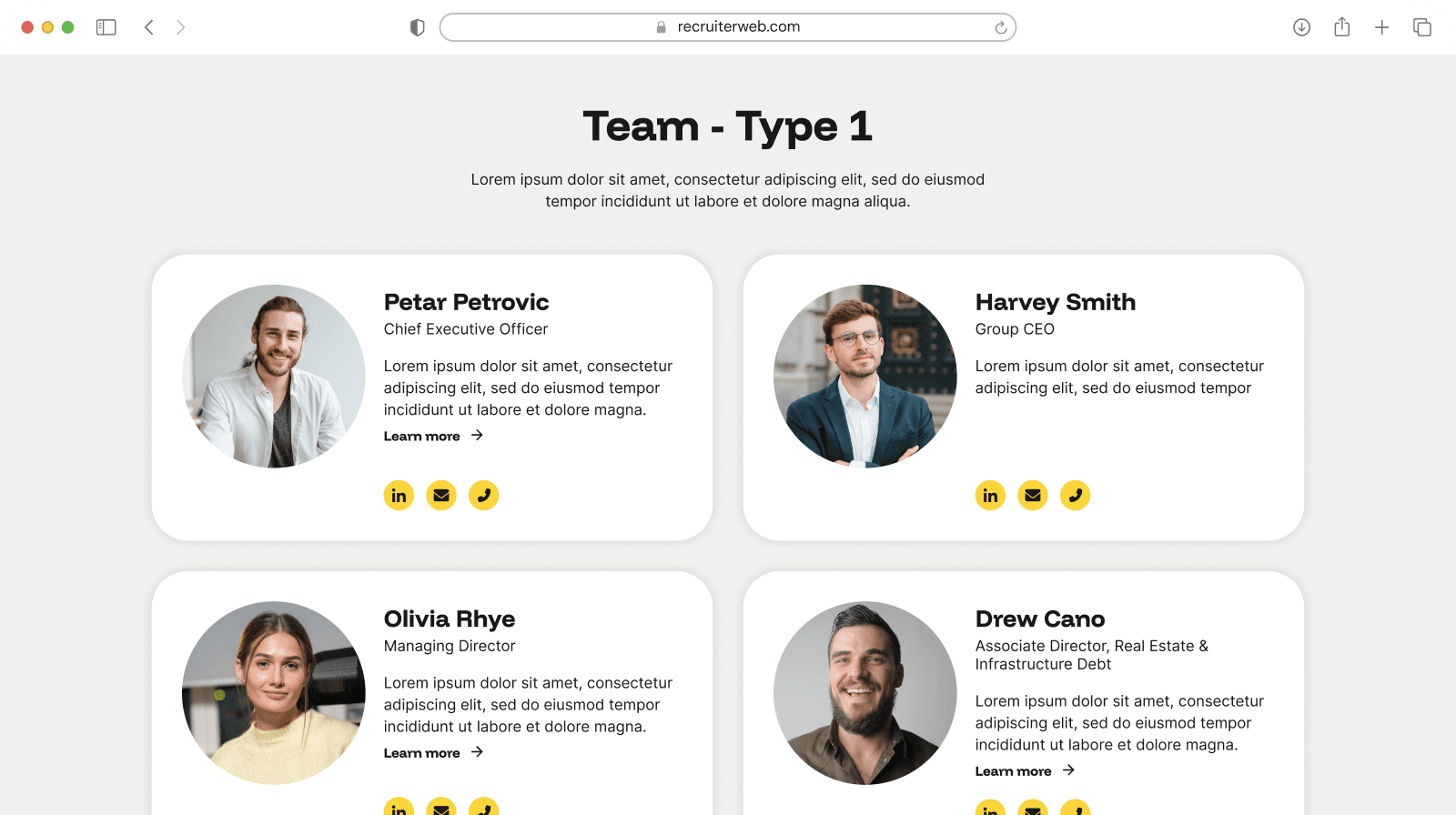 "Team - Type 1" widget example: two-column staff cards with photo, name, role, and contact icons