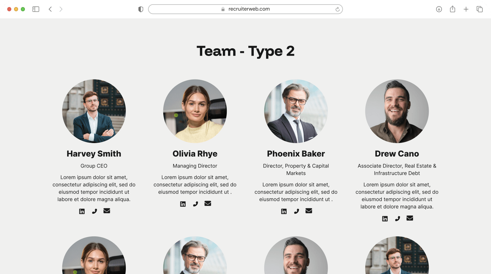 "Team - Type 2" widget example: grid of staff headshots with name, role, and contact icons