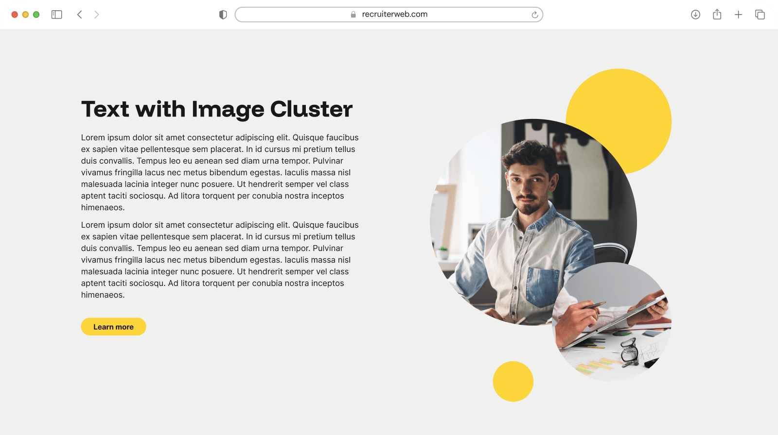 "Text with Image Cluster" widget example: overlapping circular photo cluster beside heading and body text