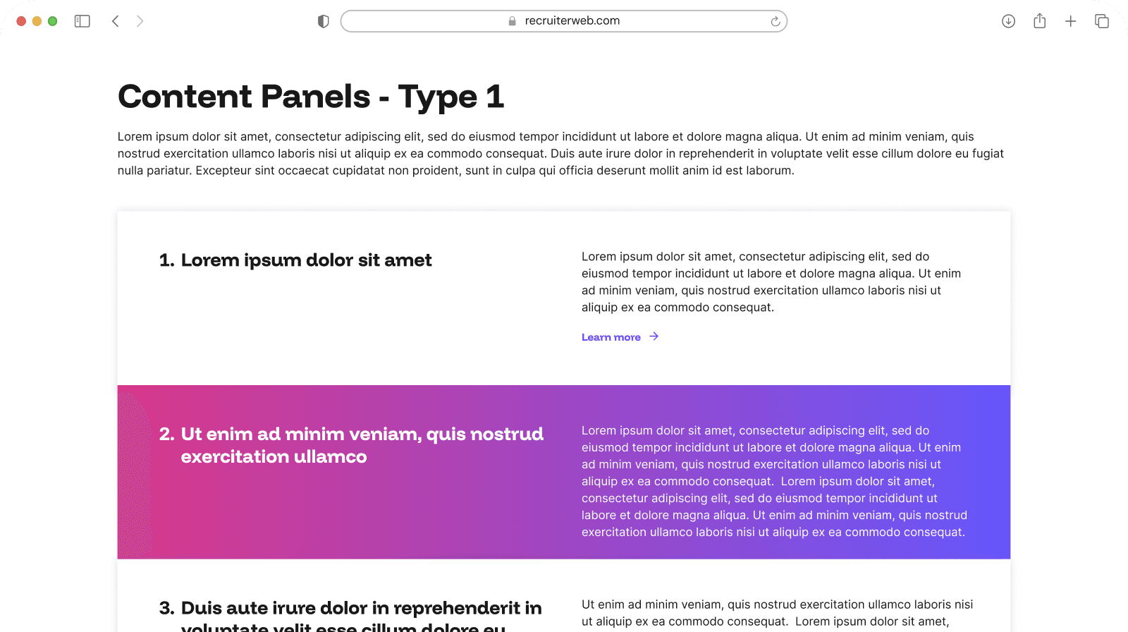 "Content Panels - Type 1" widget example: expandable panel list with one panel open