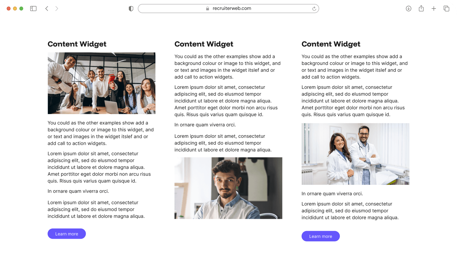 Content widget example: two-column cards pairing photos with heading and body text