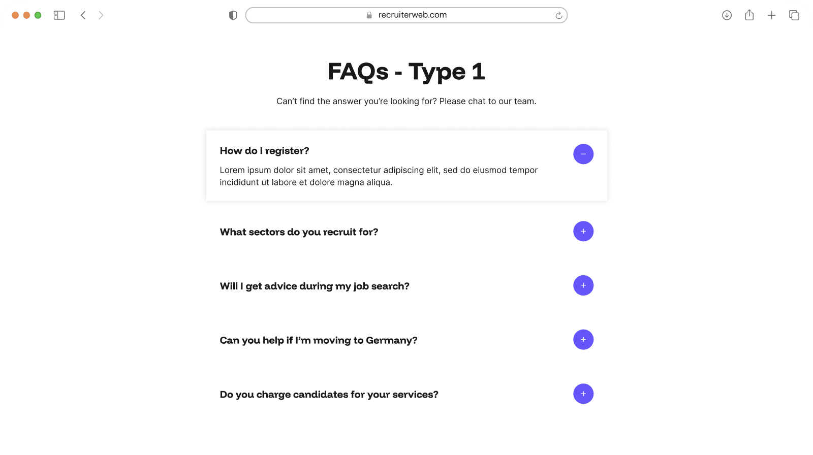 "FAQs - Type 1" widget example: single-column accordion list of questions