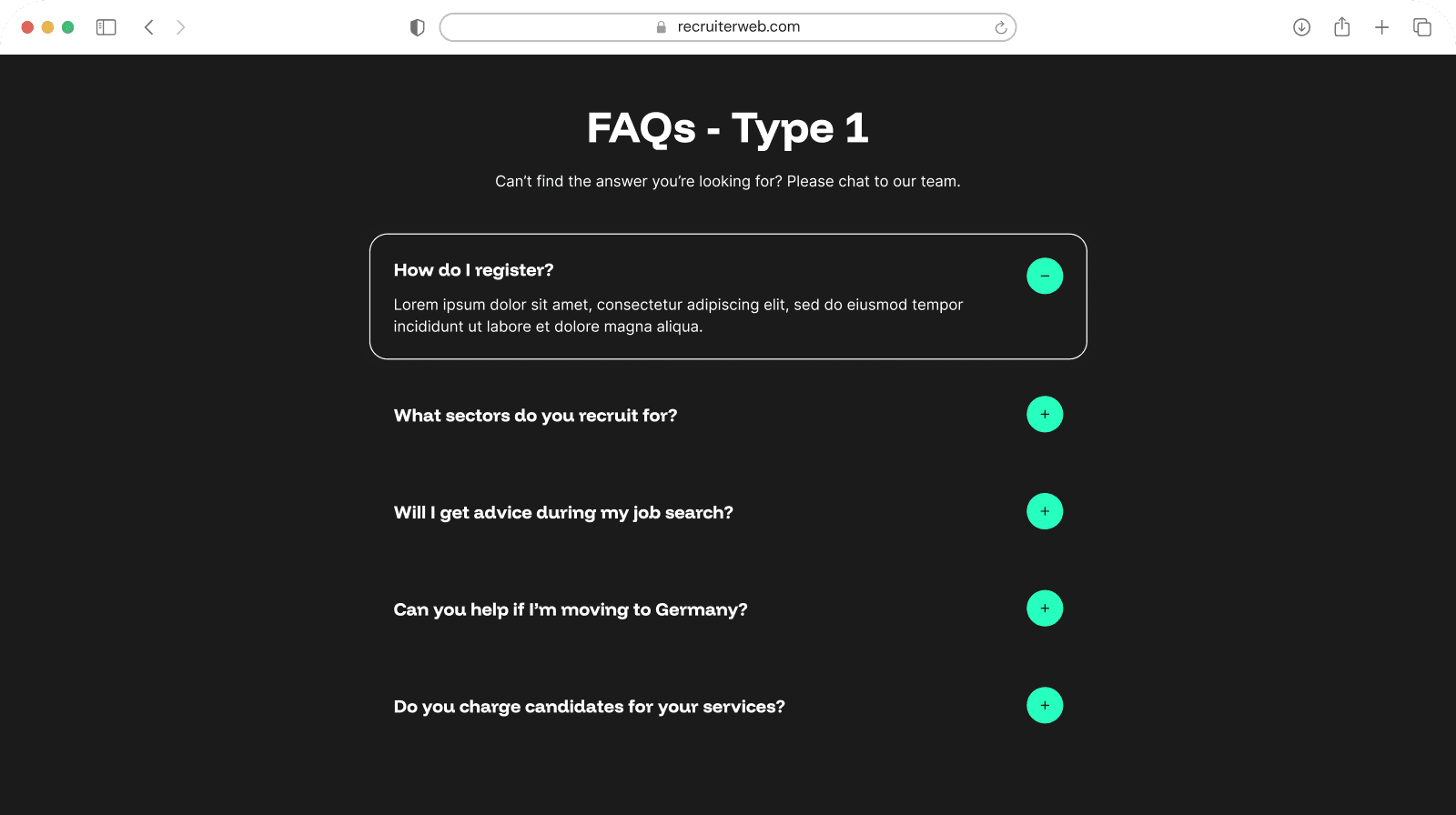 "FAQs - Type 1" widget example: single-column accordion list of questions