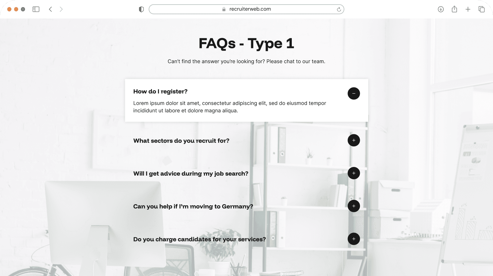 "FAQs - Type 1" widget example: single-column accordion list of questions