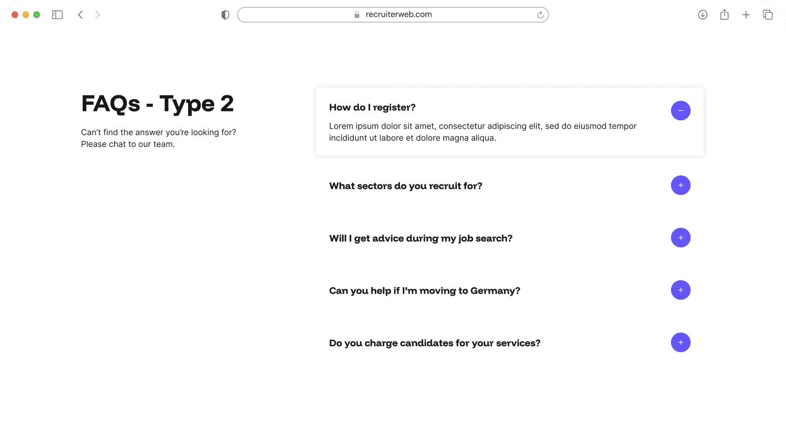"FAQs - Type 2" widget example: two-column accordion layout