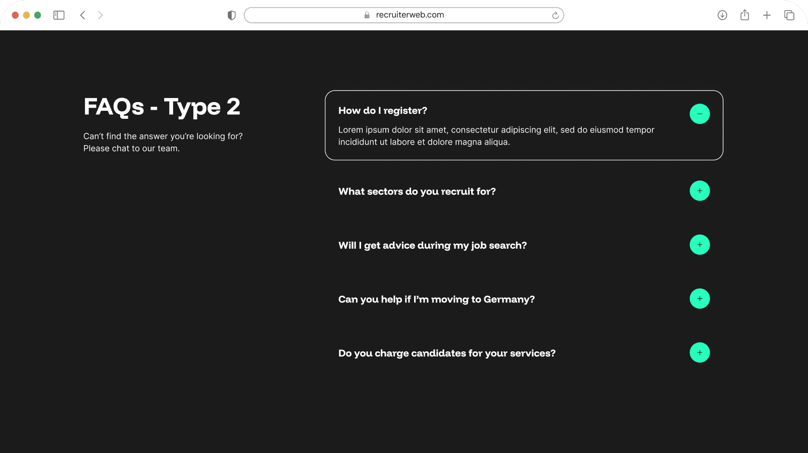"FAQs - Type 2" widget example: two-column accordion layout