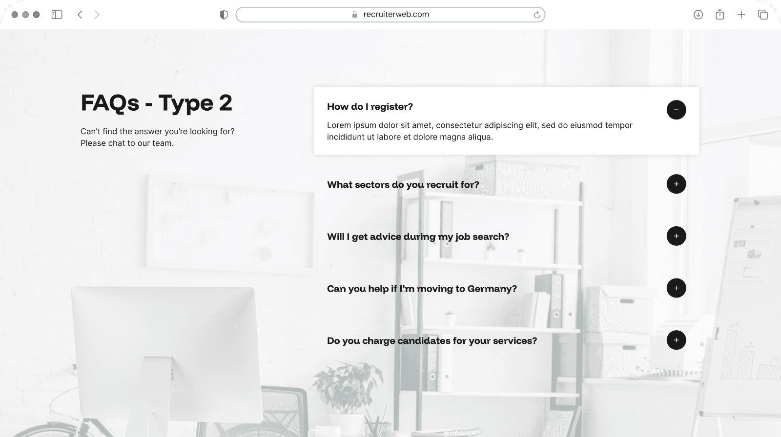 "FAQs - Type 2" widget example: two-column accordion layout
