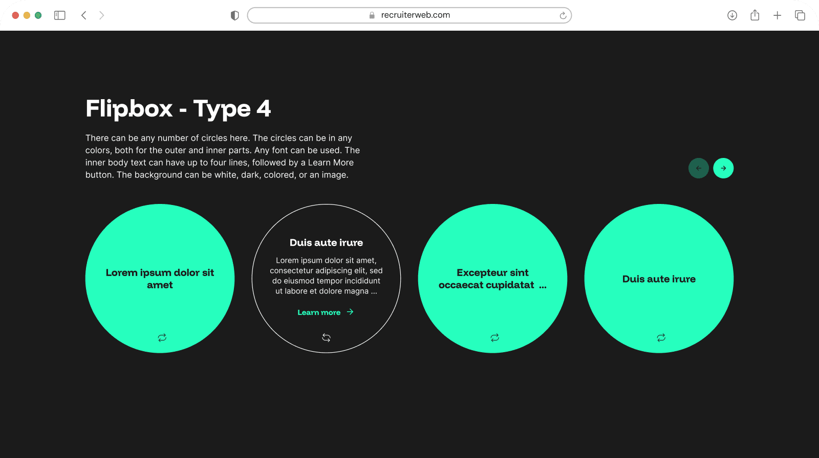 "Flipbox - Type 4" widget example: large circles, one flipped to show back-side text