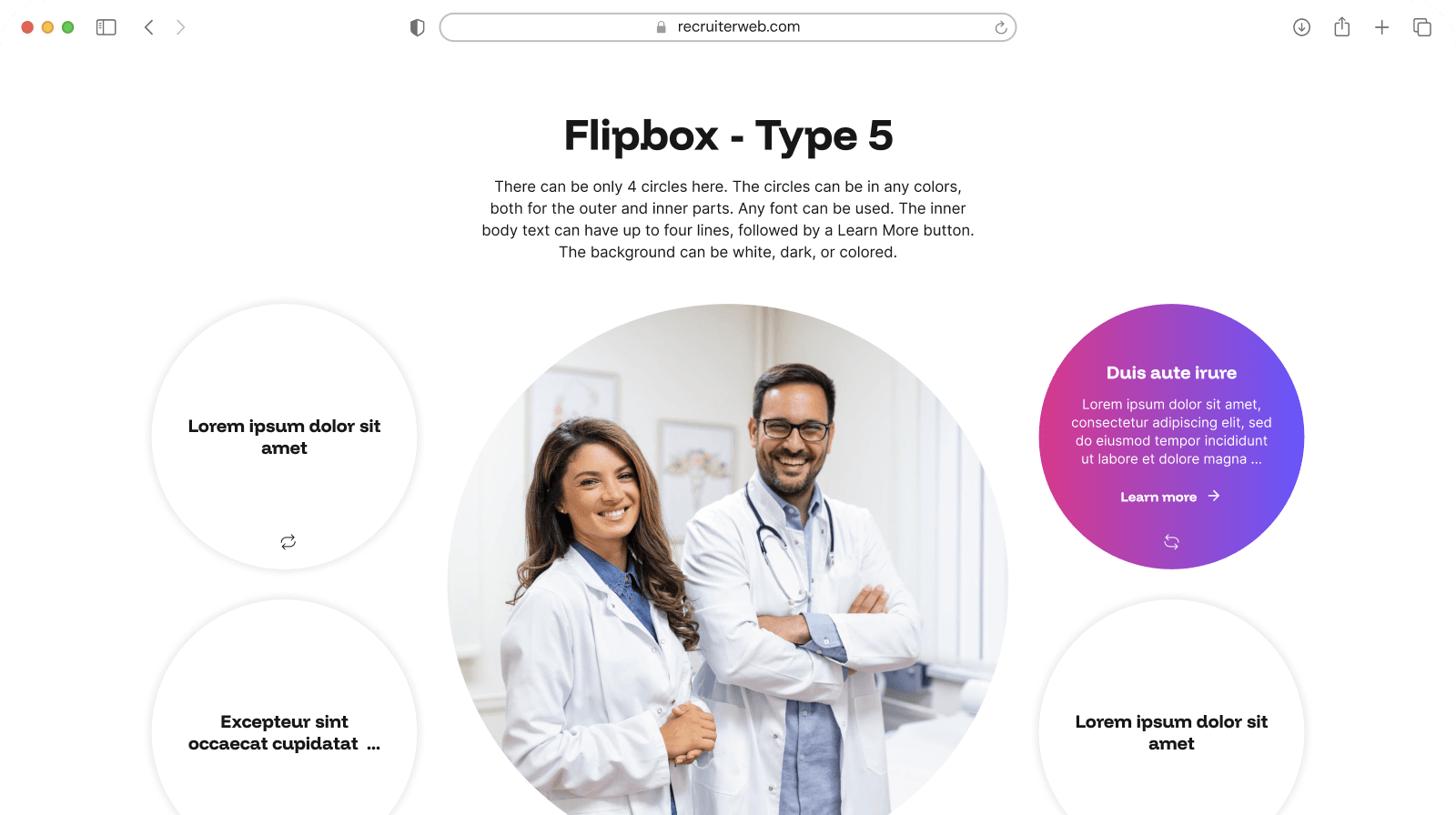 "Flipbox - Type 5" widget example: circles beside a staff photo