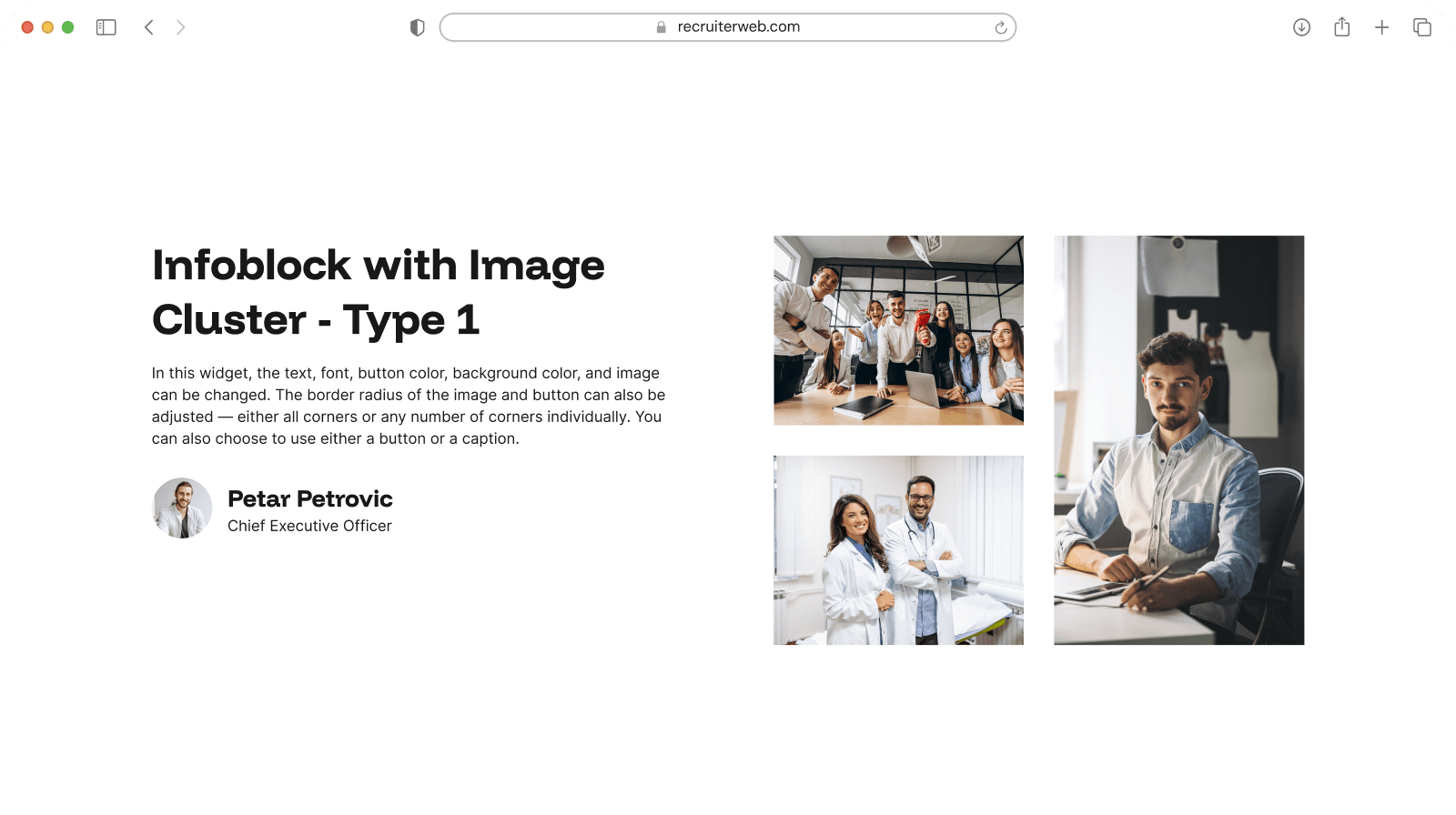 "Image Cluster - Type 1" widget example: circular photo cluster beside text and a staff bio