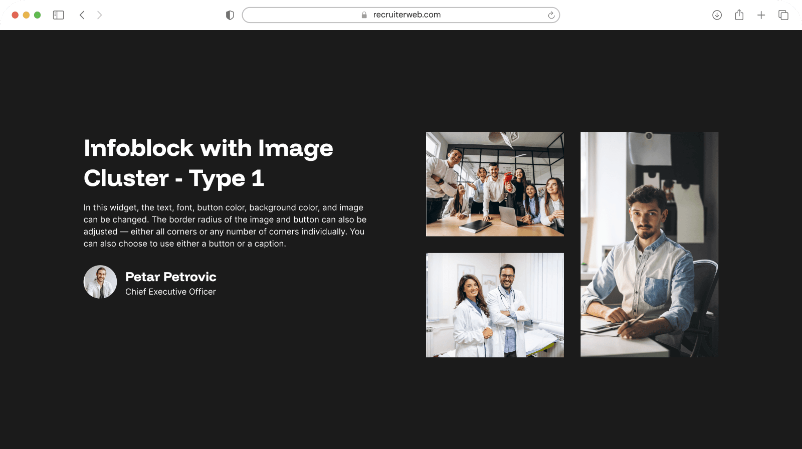 "Image Cluster - Type 1" widget example: circular photo cluster beside text and a staff bio