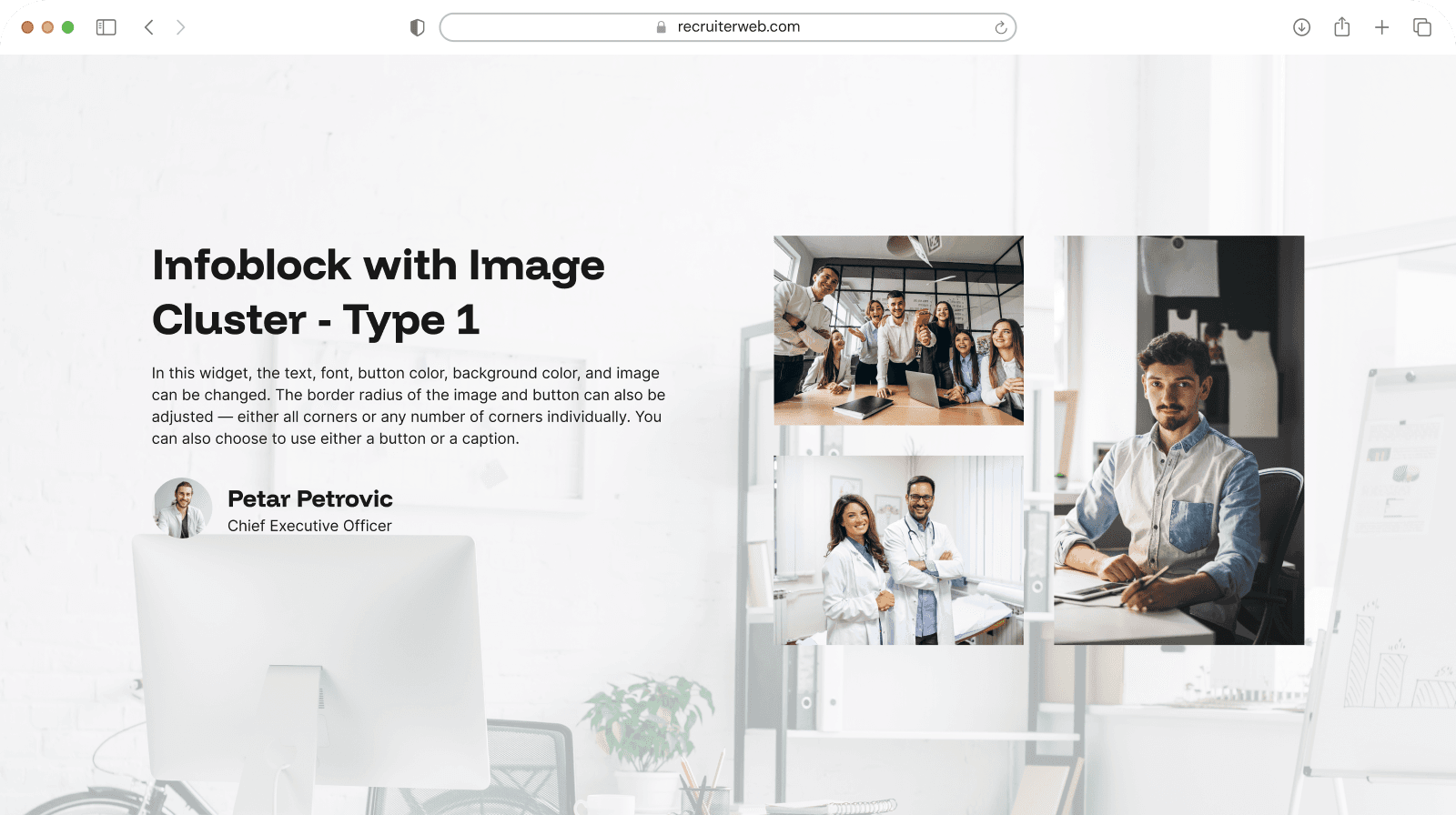 "Image Cluster - Type 1" widget example: circular photo cluster beside text and a staff bio