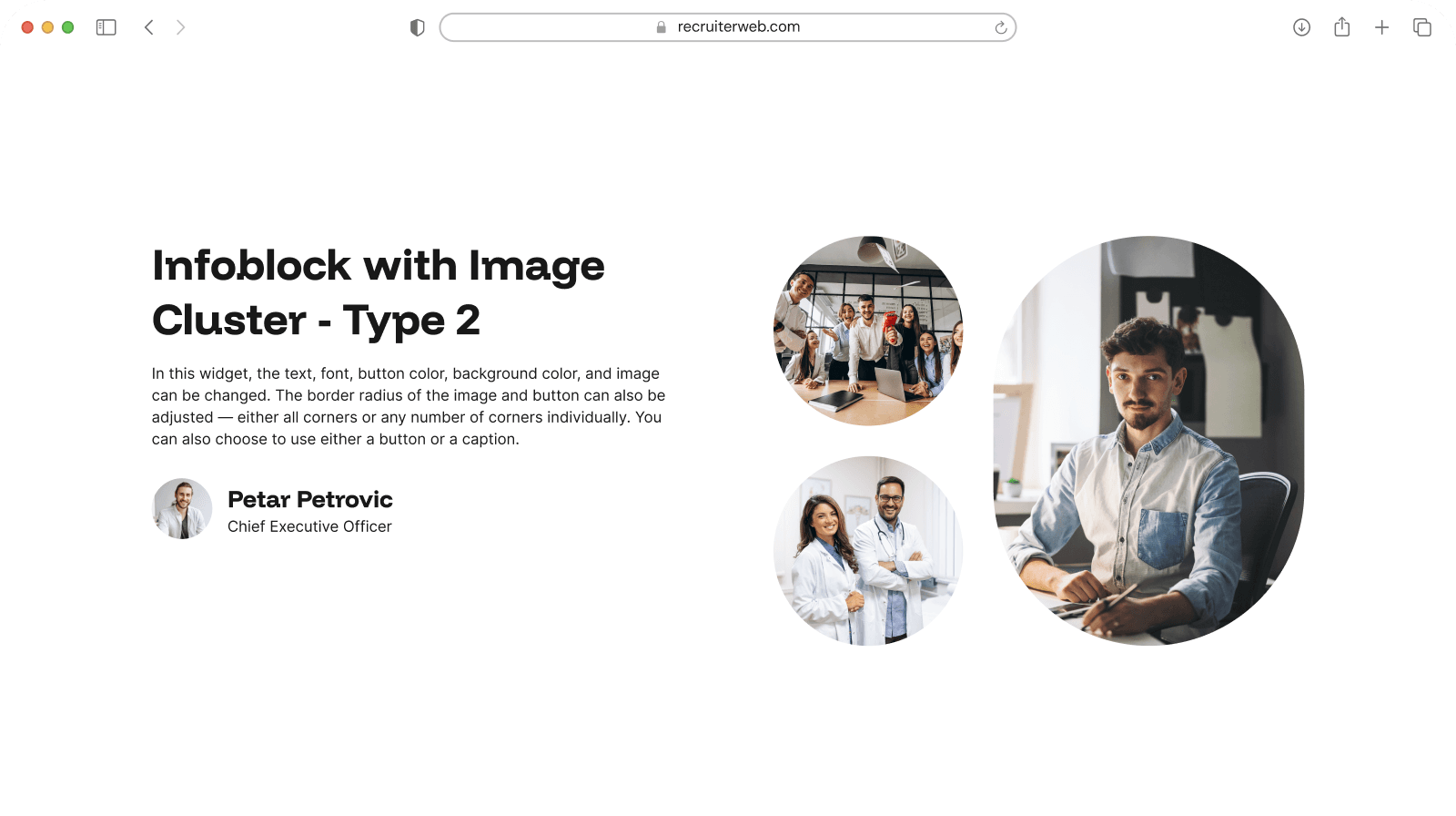 "Image Cluster - Type 2" widget example: square photo cluster beside text and a staff bio
