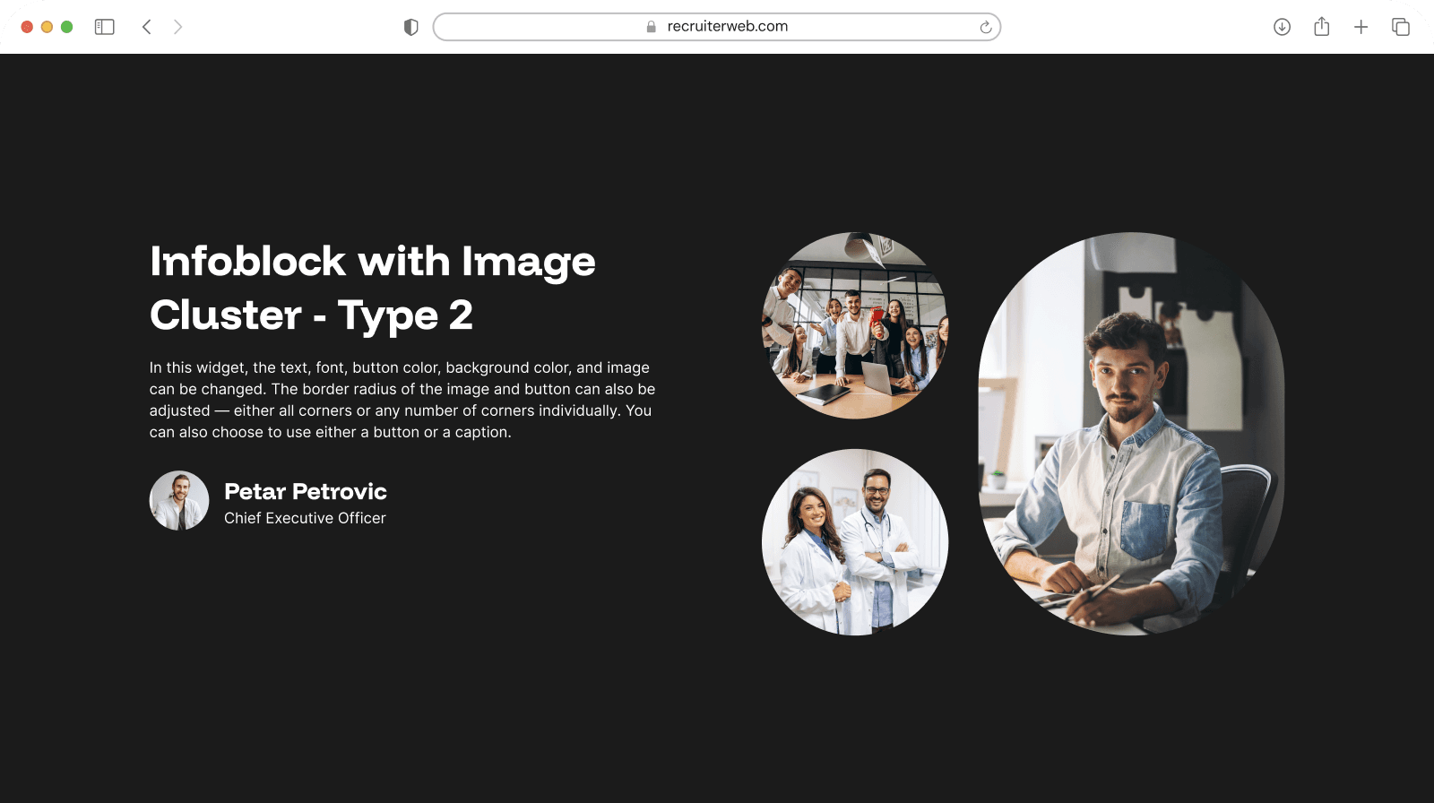 "Image Cluster - Type 2" widget example: square photo cluster beside text and a staff bio