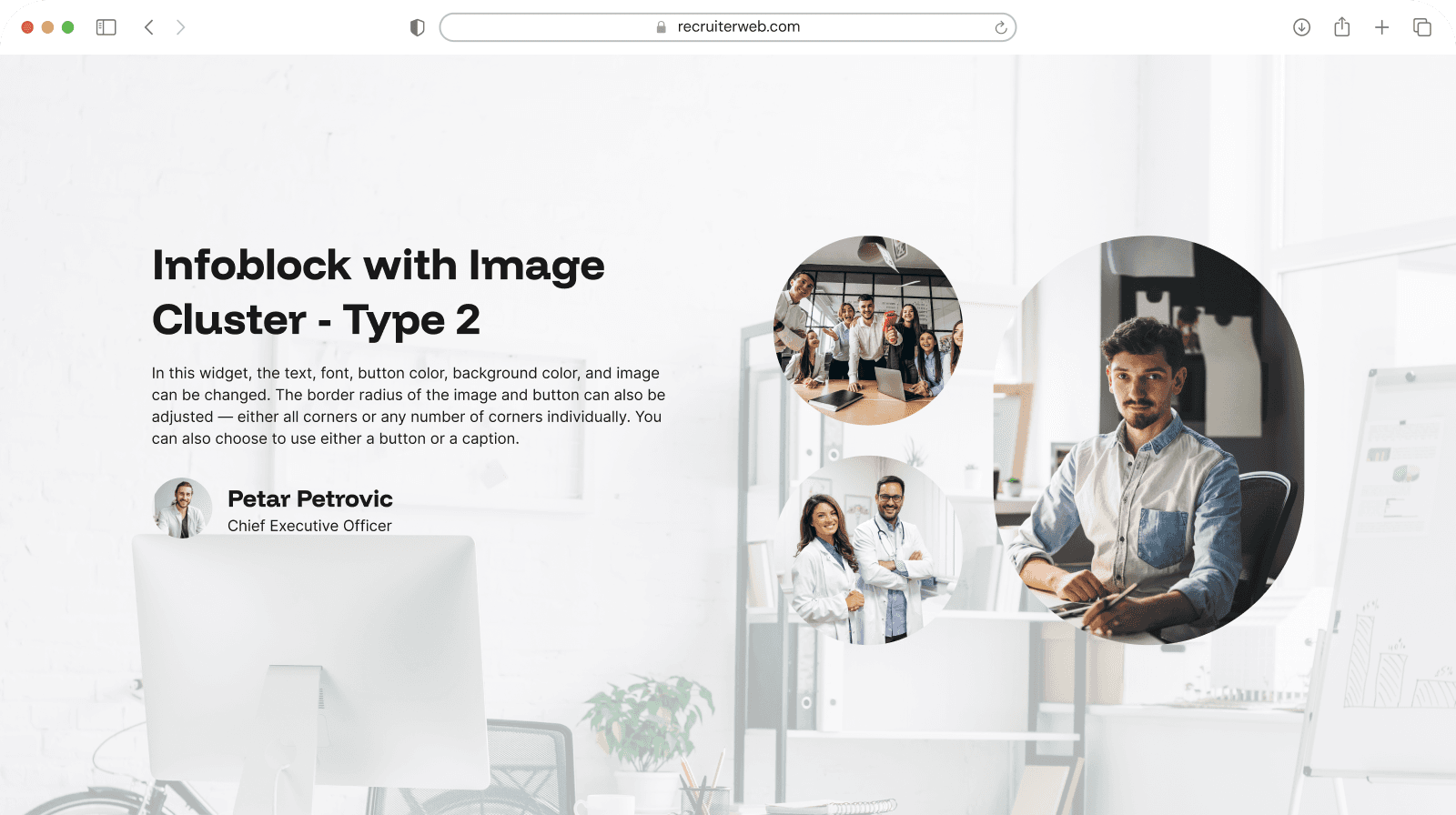 "Image Cluster - Type 2" widget example: square photo cluster beside text and a staff bio