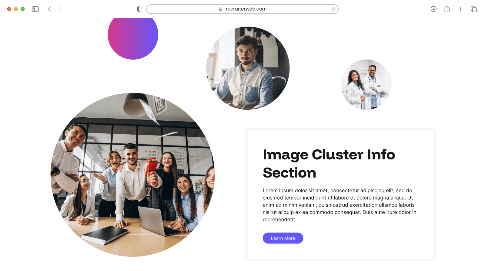 "Image Cluster Info Section" widget example: circular photo collage beside heading and body text