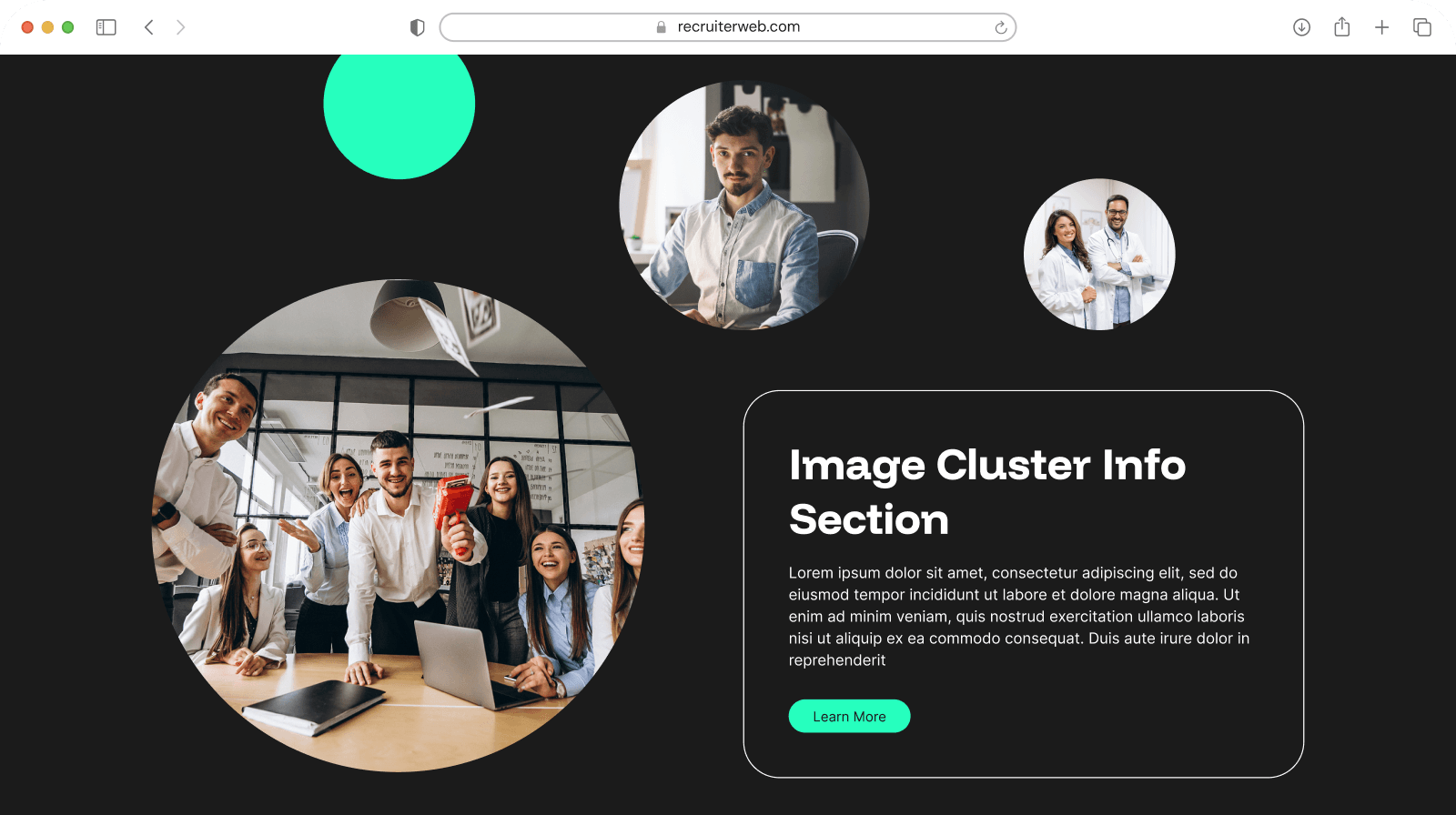 "Image Cluster Info Section" widget example: circular photo collage beside heading and body text