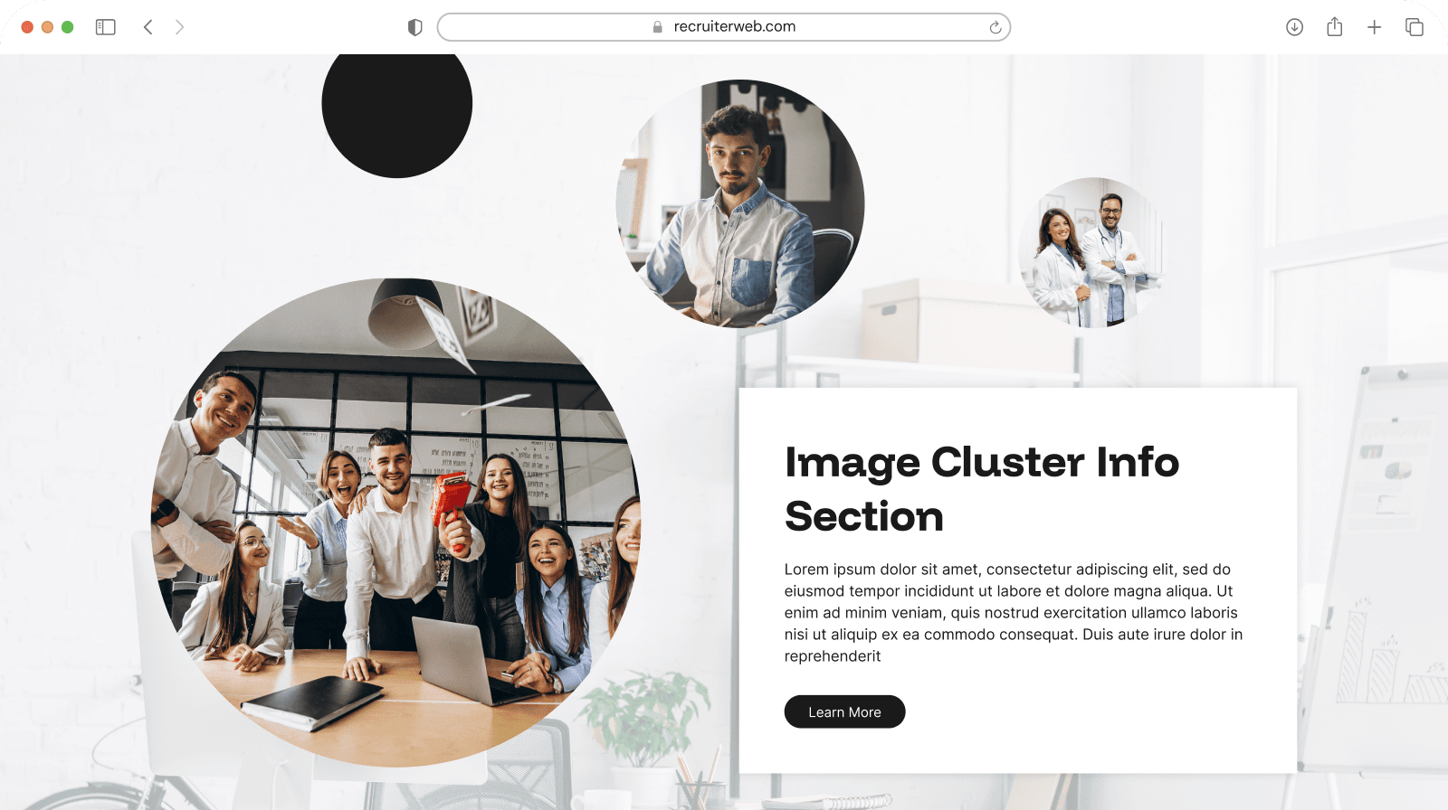"Image Cluster Info Section" widget example: circular photo collage beside heading and body text