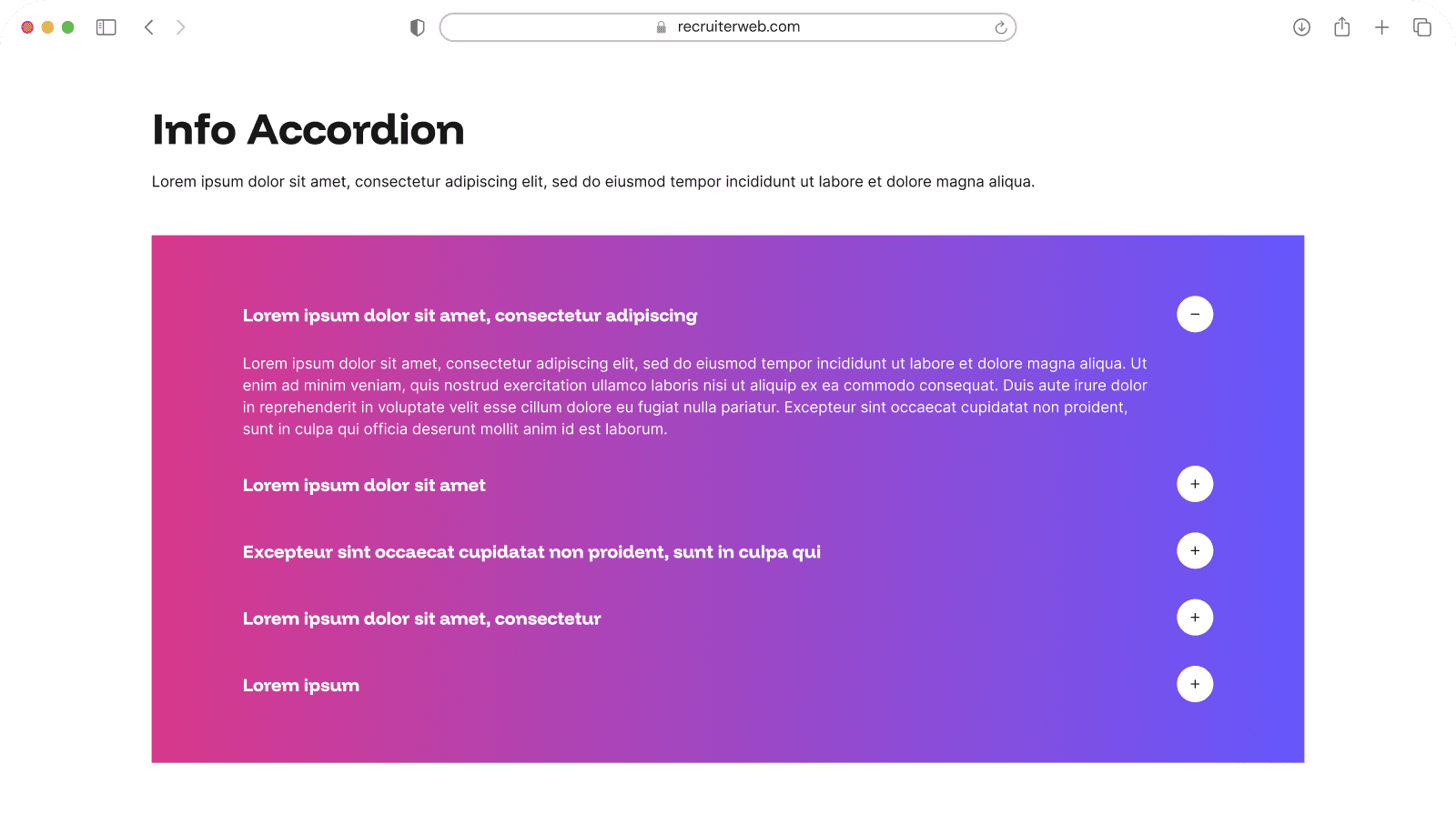 "Info Accordion" widget example: accordion panel with one question expanded