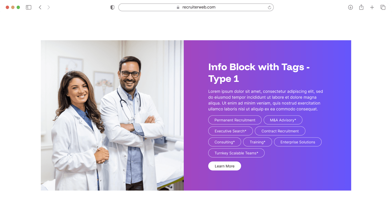 "Info Block with Tags - Type 1" widget example: doctors photo beside recruitment service tags