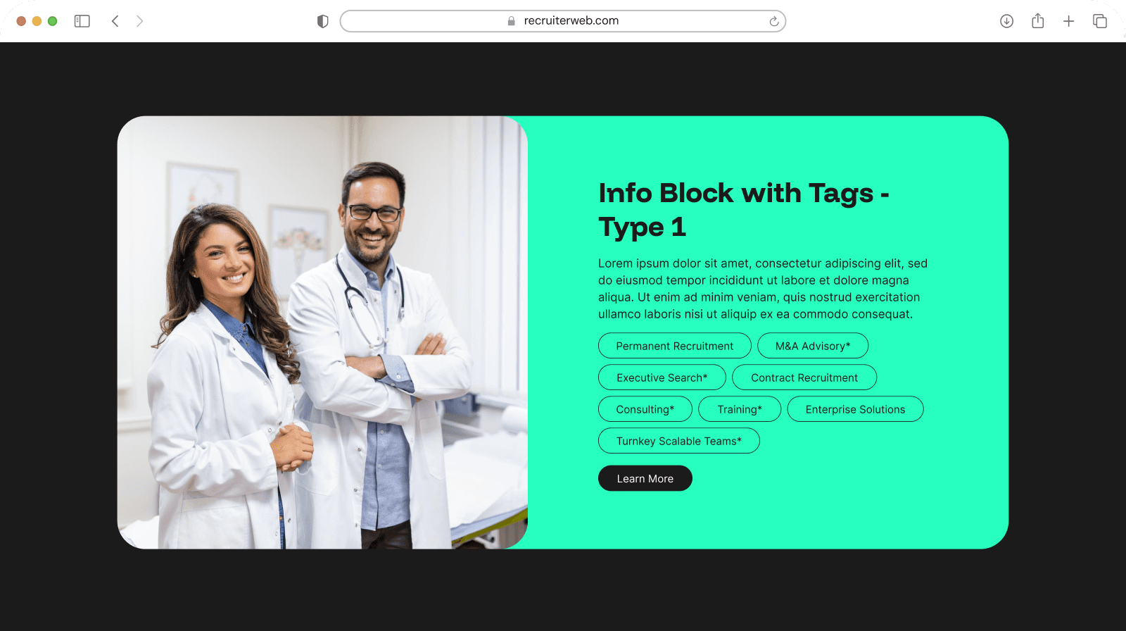 "Info Block with Tags - Type 1" widget example: doctors photo beside recruitment service tags
