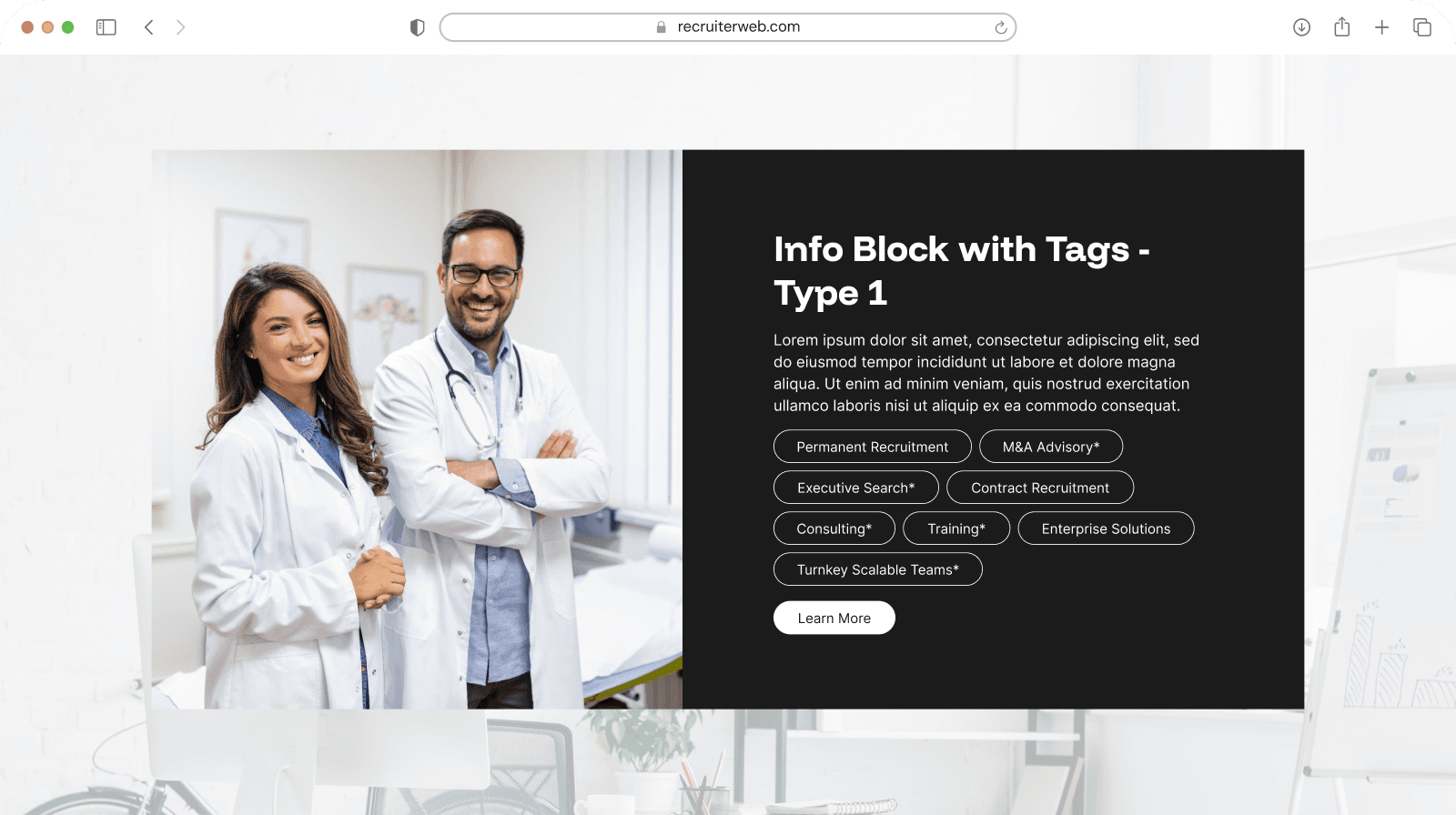 "Info Block with Tags - Type 1" widget example: doctors photo beside recruitment service tags