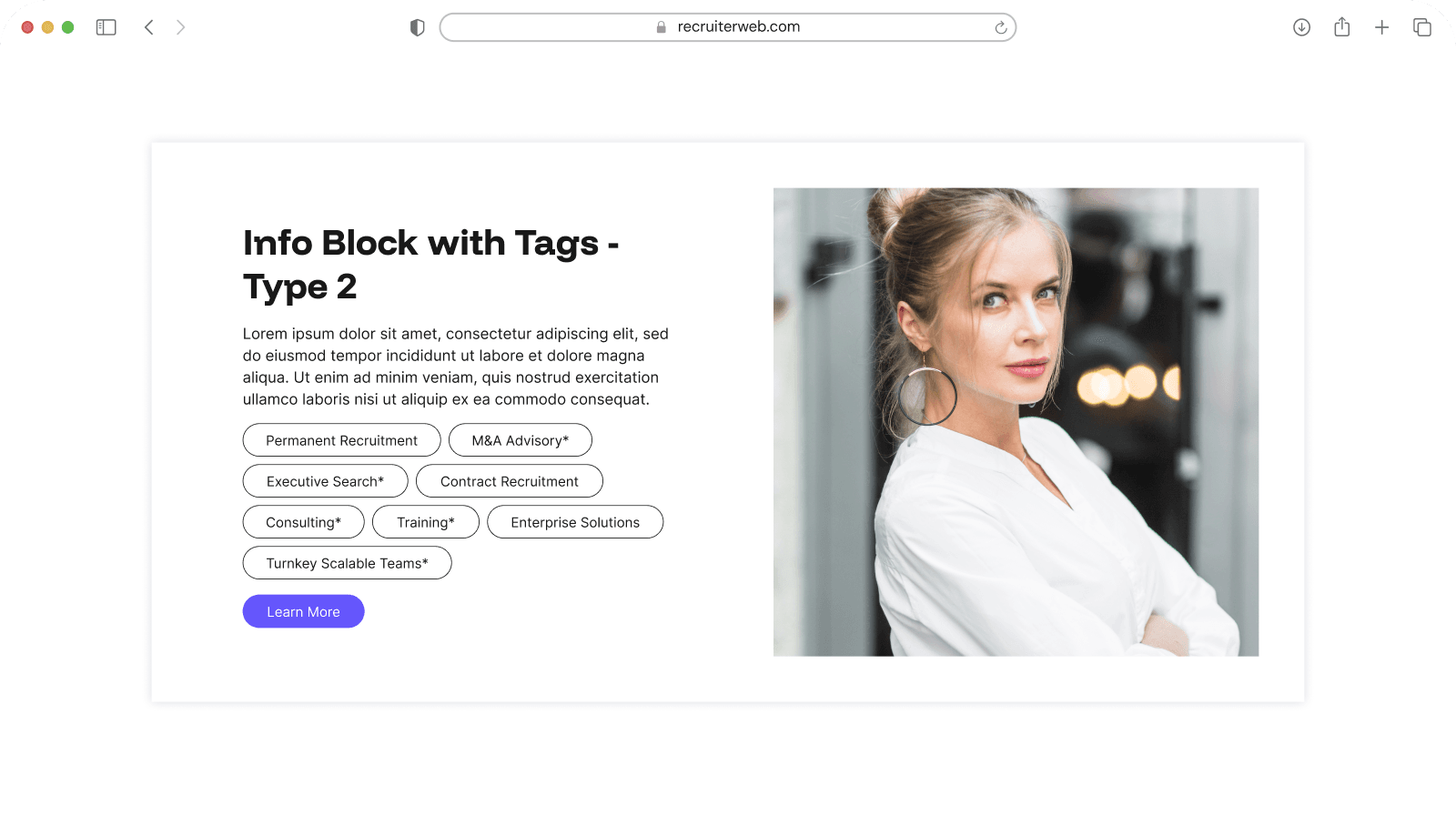 "Info Block with Tags - Type 2" widget example: numbered list over a photo