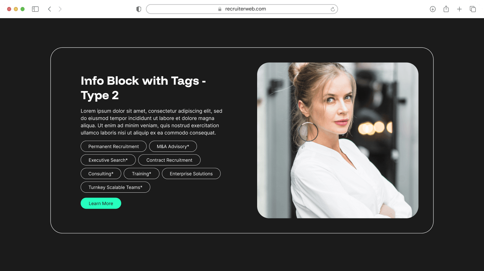 "Info Block with Tags - Type 2" widget example: numbered list over a photo
