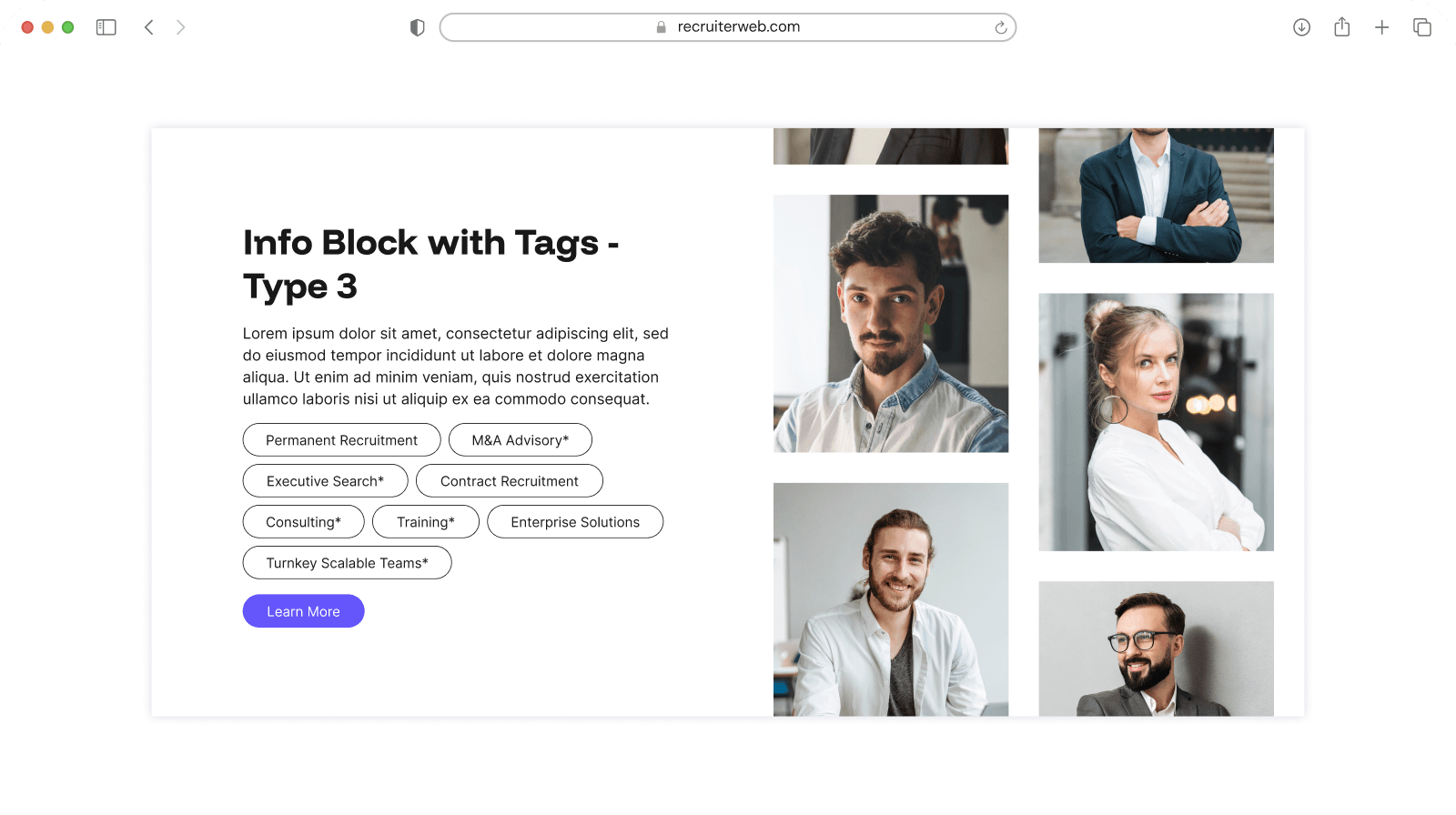 "Info Block with Tags - Type 3" widget example: recruitment service tags beside a portrait photo