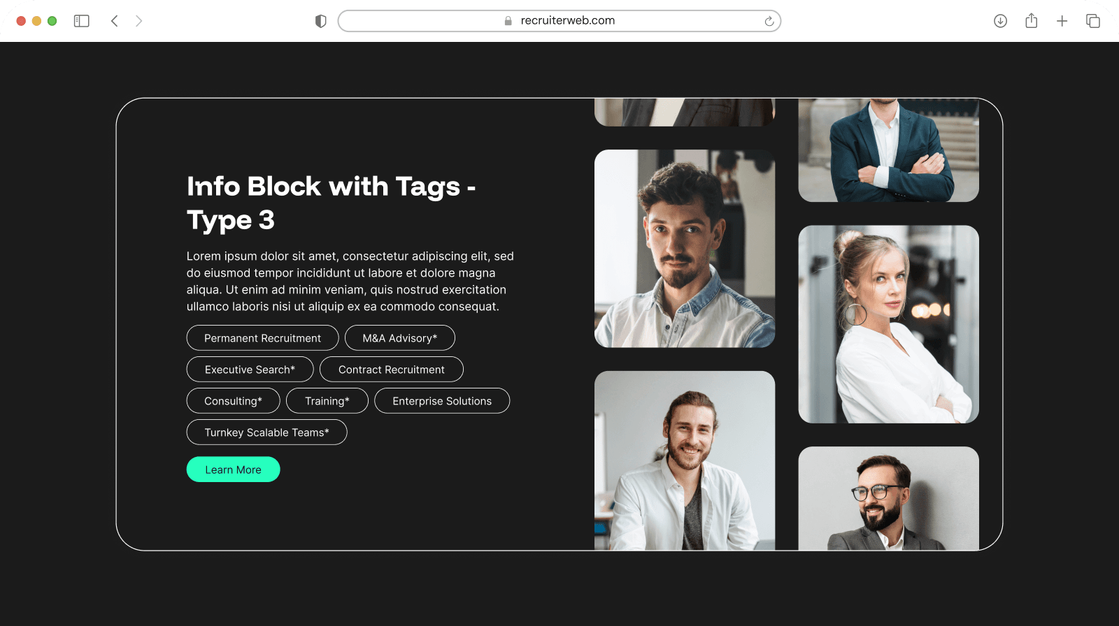 "Info Block with Tags - Type 3" widget example: recruitment service tags beside a portrait photo