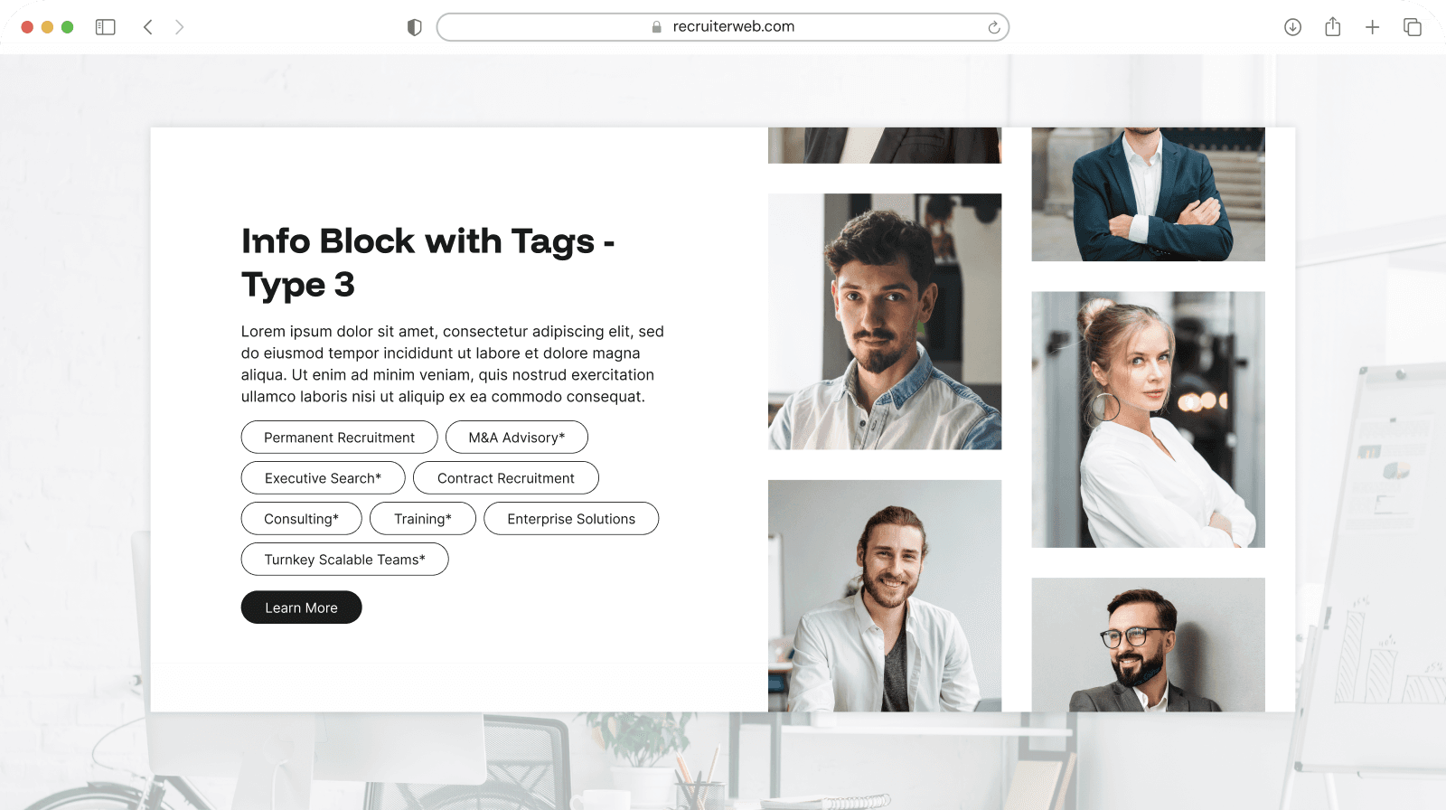 "Info Block with Tags - Type 3" widget example: recruitment service tags beside a portrait photo