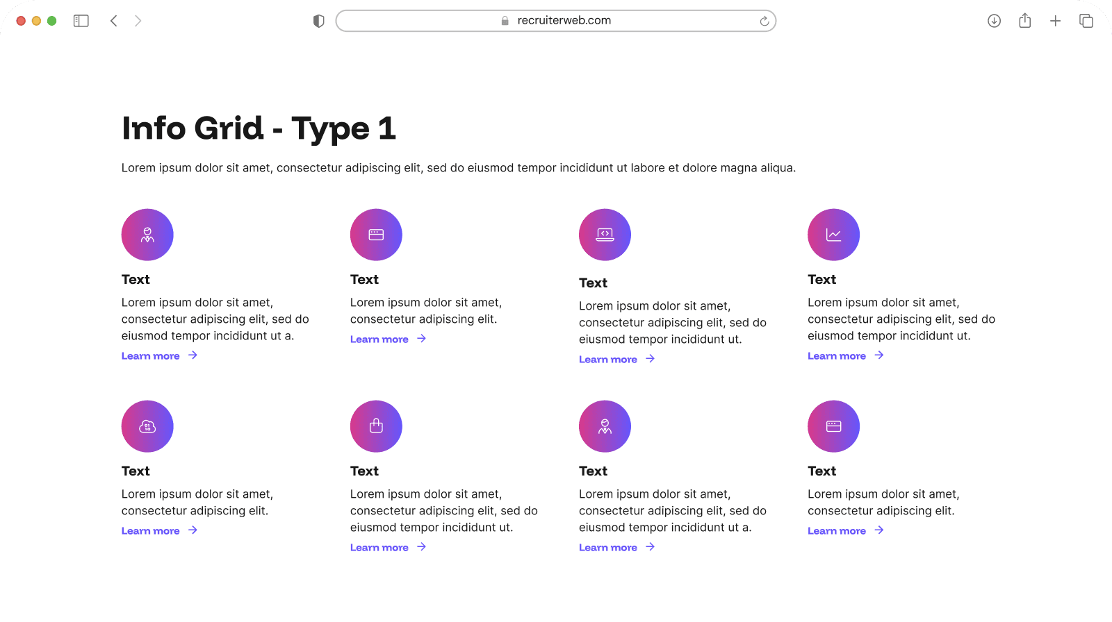 "Info Grid Type 1" widget example: grid of circular gradient icons with title and text