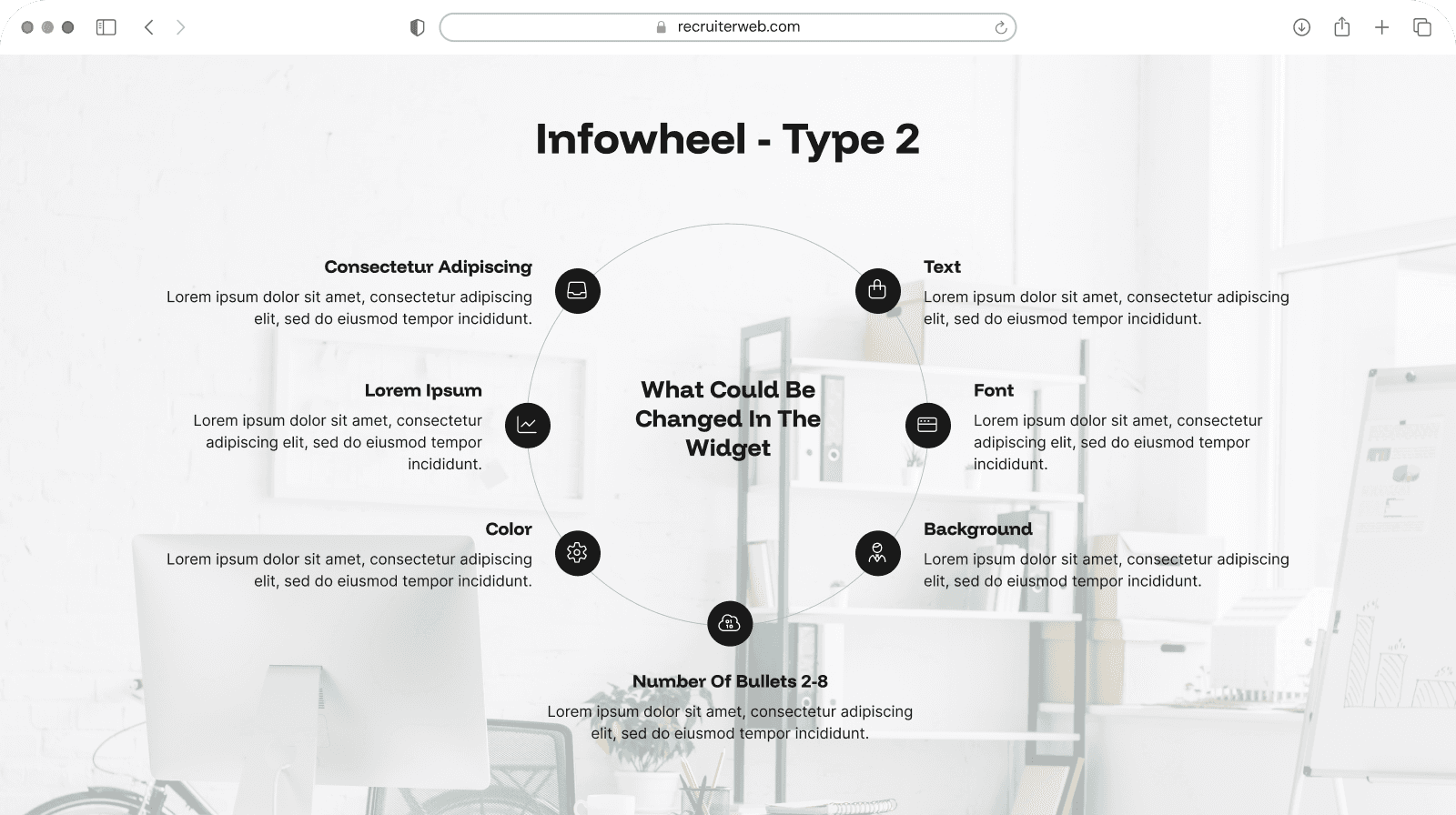 "Infowheel - Type 2" widget example: icon circles arranged around a central text circle