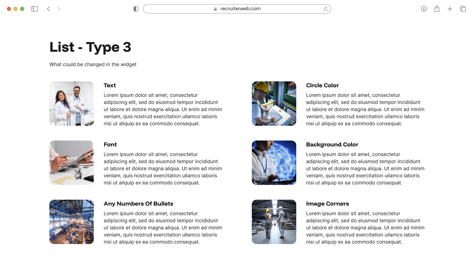 "List - Type 3" widget example: six-item grid pairing small photos with list text