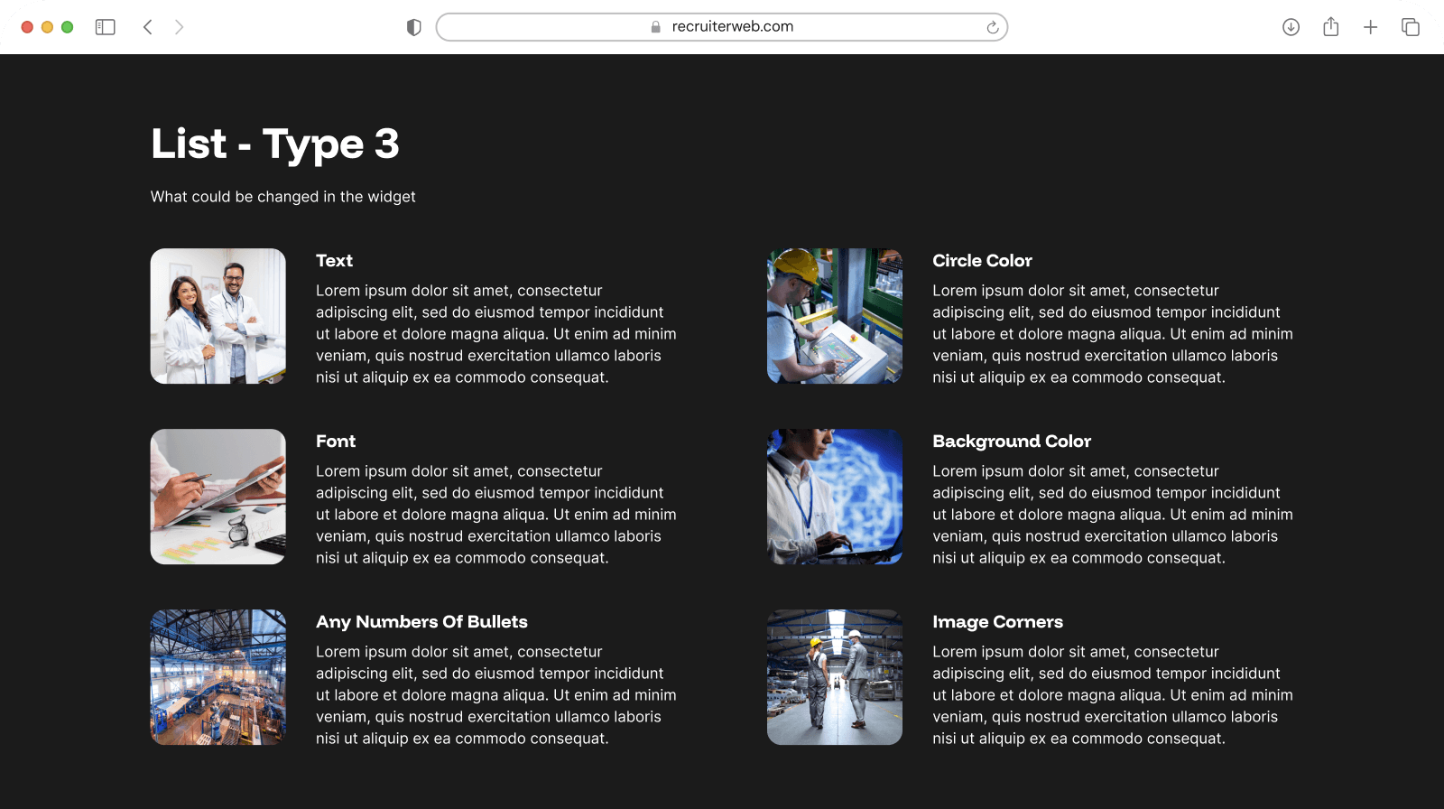 "List - Type 3" widget example: six-item grid pairing small photos with list text