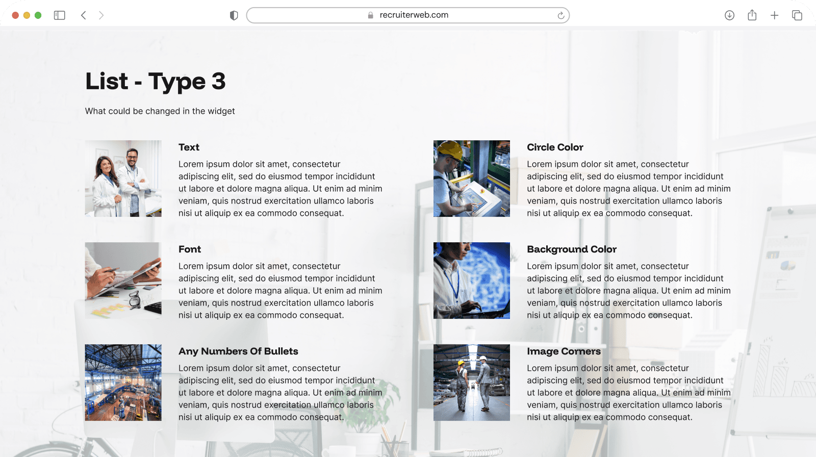 "List - Type 3" widget example: six-item grid pairing small photos with list text