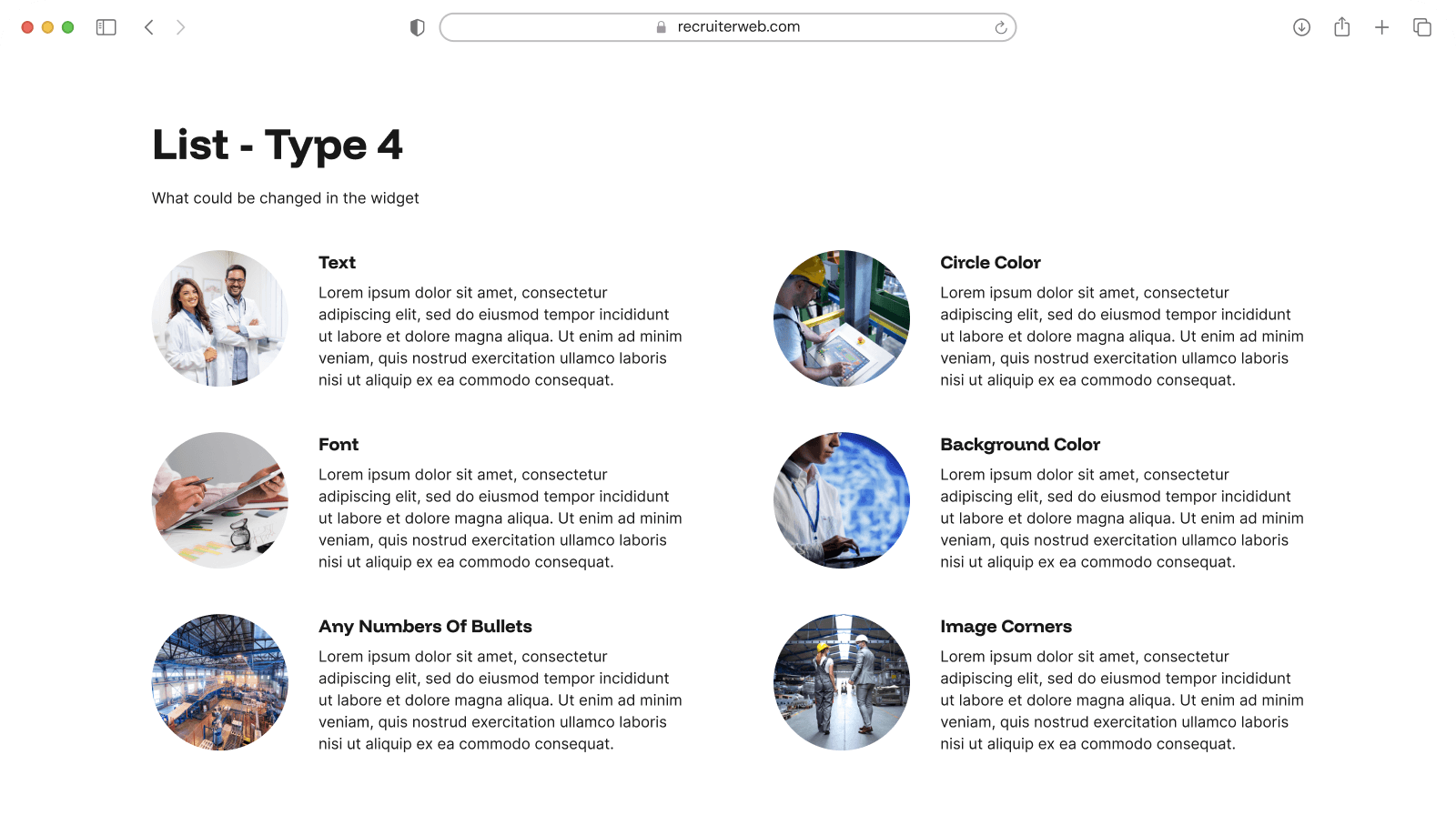 "List - Type 4" widget example: six-item grid pairing circular photos with list text