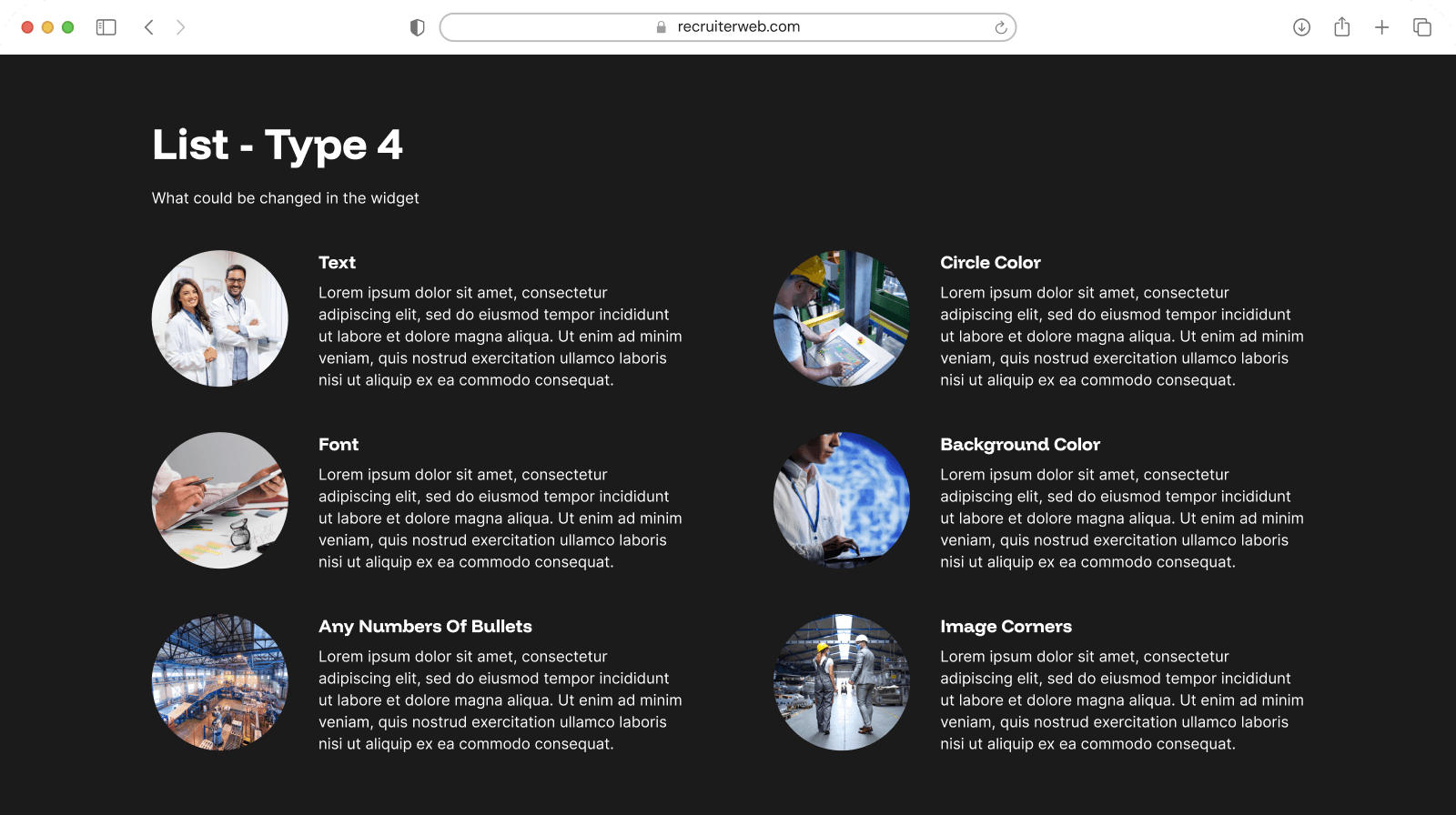 "List - Type 4" widget example: six-item grid pairing circular photos with list text