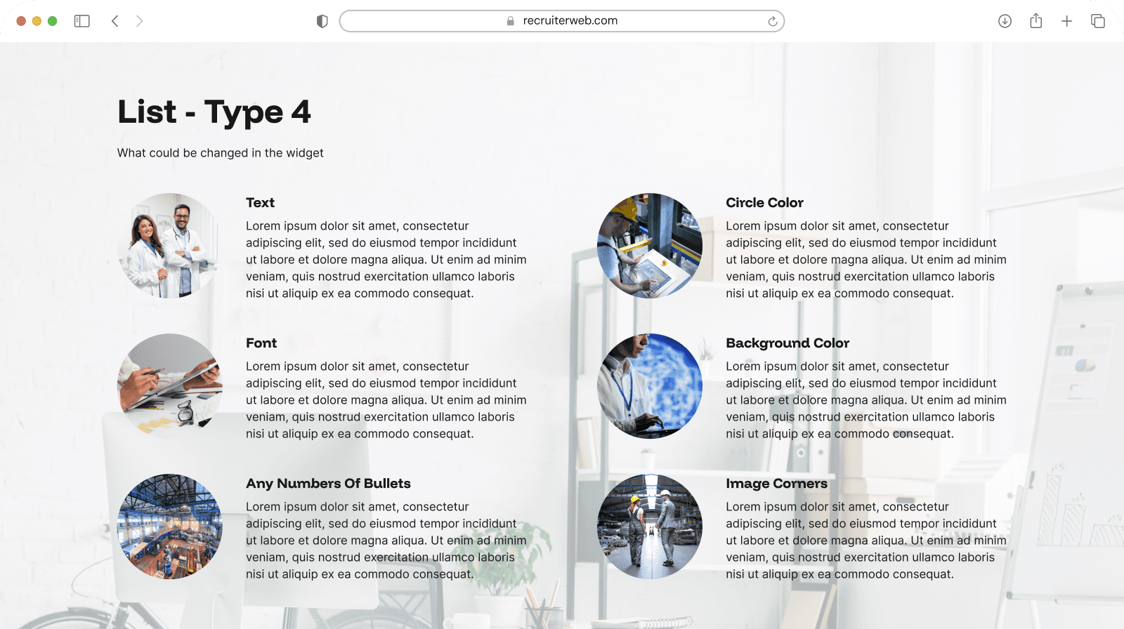 "List - Type 4" widget example: six-item grid pairing circular photos with list text