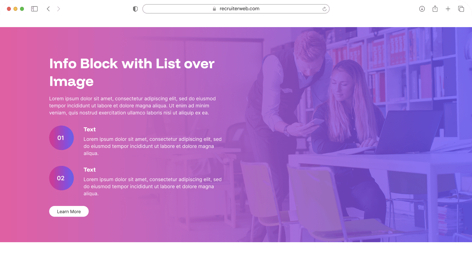 "Info Block with List over Image" widget example: numbered list over a photo