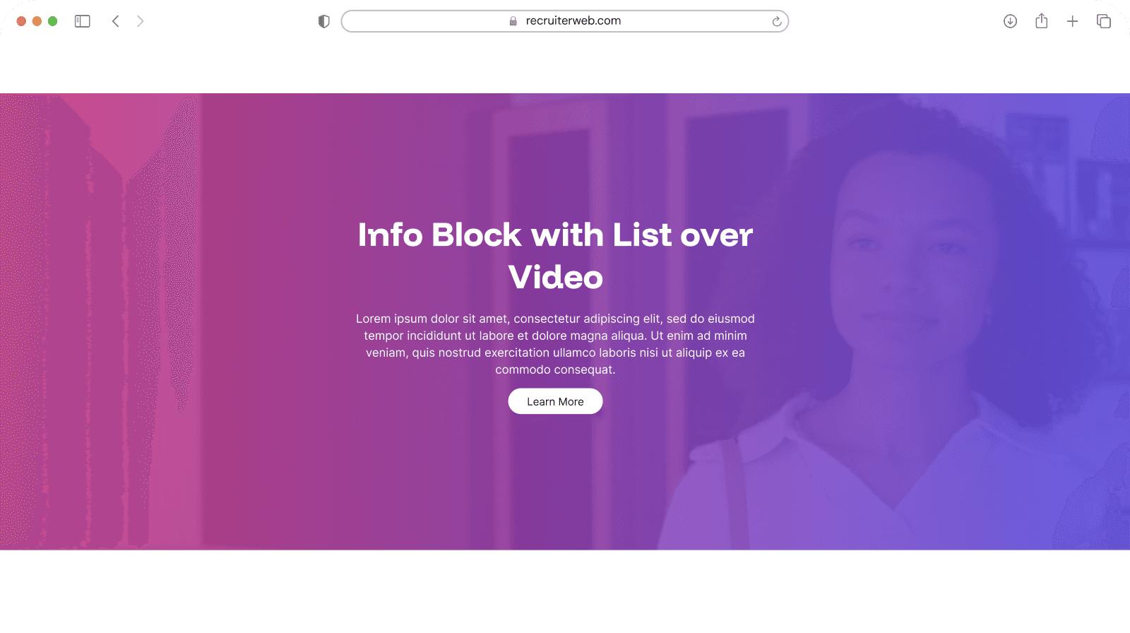 "Info Block with List over Video" widget example: centered heading and button over a photo